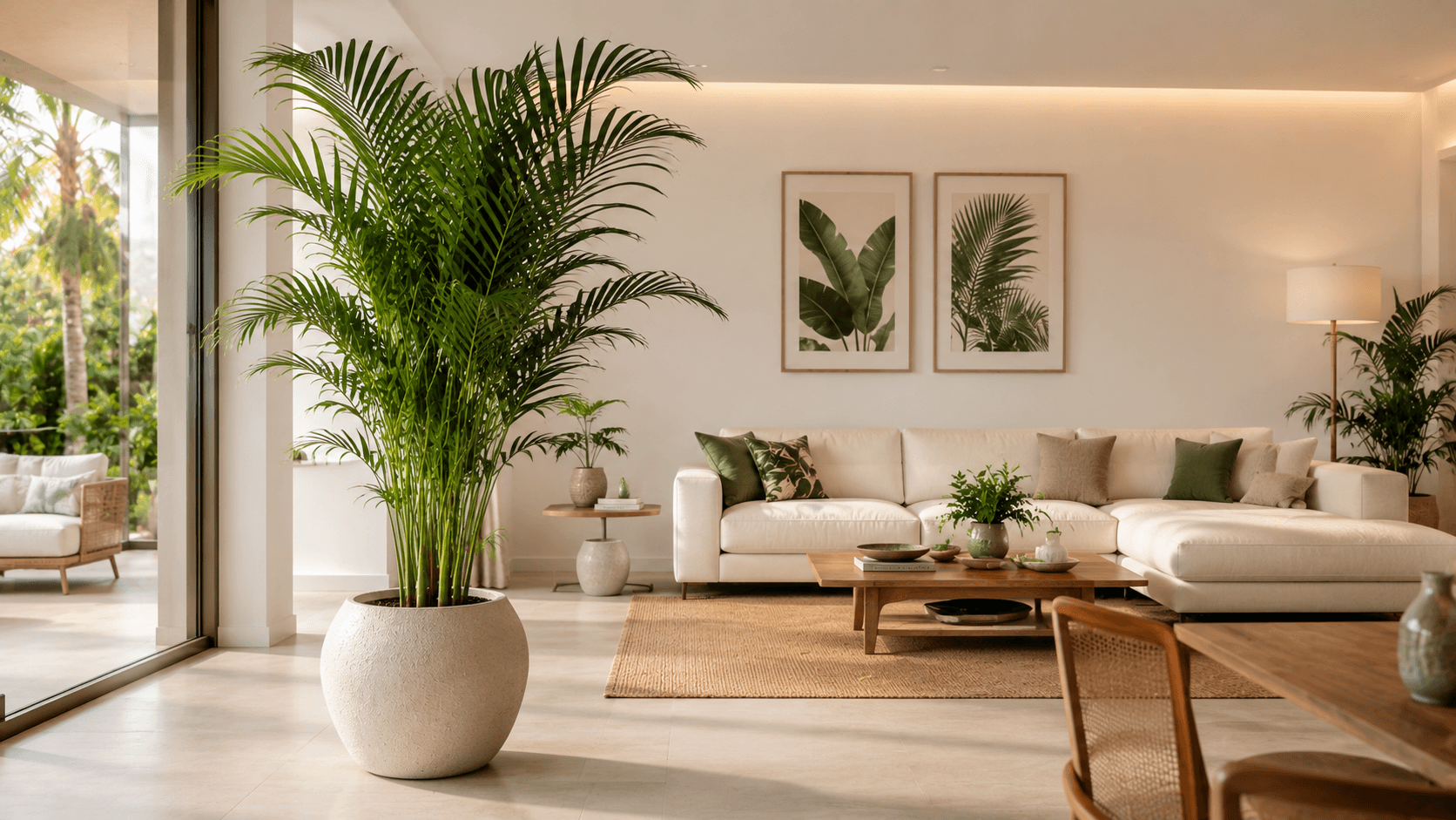 Plantas que Purificam o Ar: as Melhores para Cada Cômodo da Casa palmeira-areca em sala de estar purificando o ar e decorando o ambiente