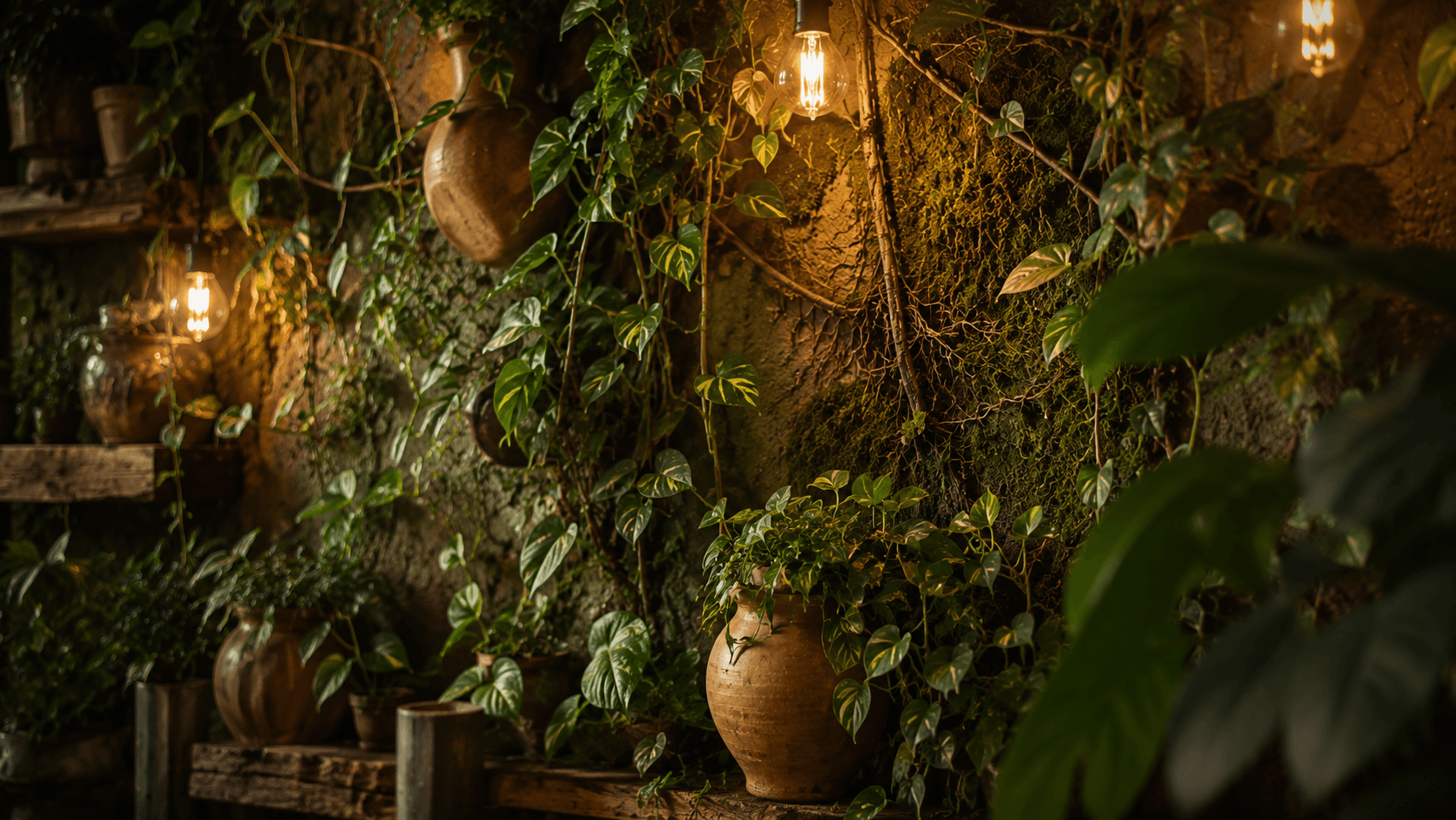 Ecopunk na Decoração: Sustentabilidade Radical para Transformar sua Casa em 2026 Parede viva com jardim vertical de plantas naturais em vasos de barro artesanal no estilo Ecopunk