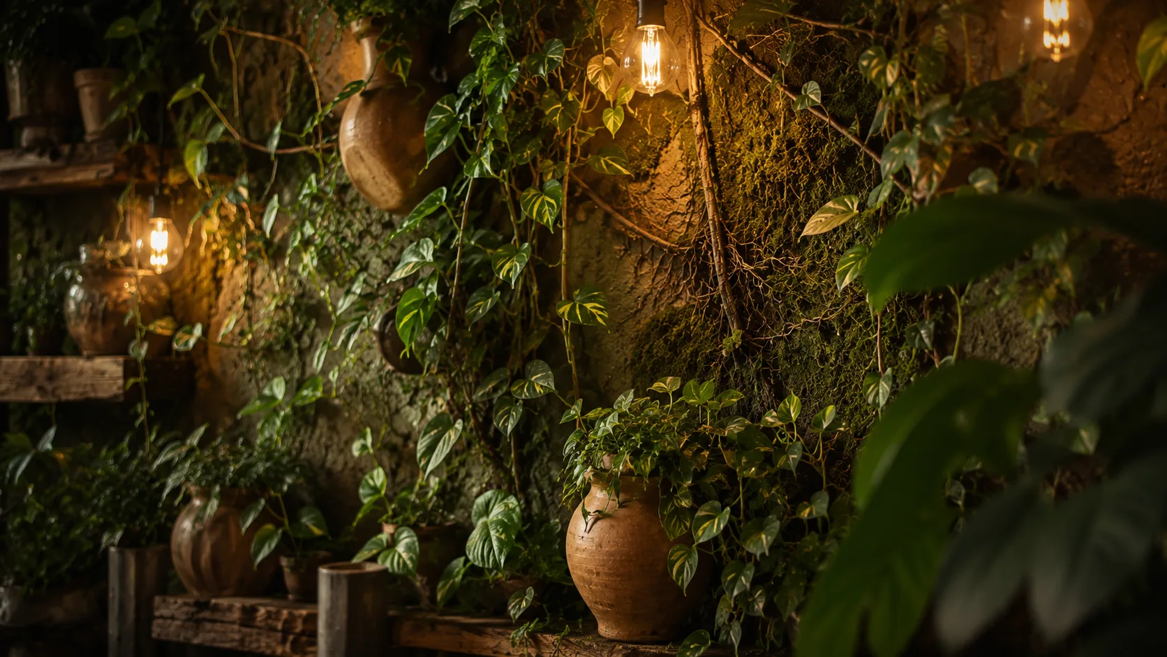 Parede viva com jardim vertical de plantas naturais em vasos de barro artesanal no estilo Ecopunk