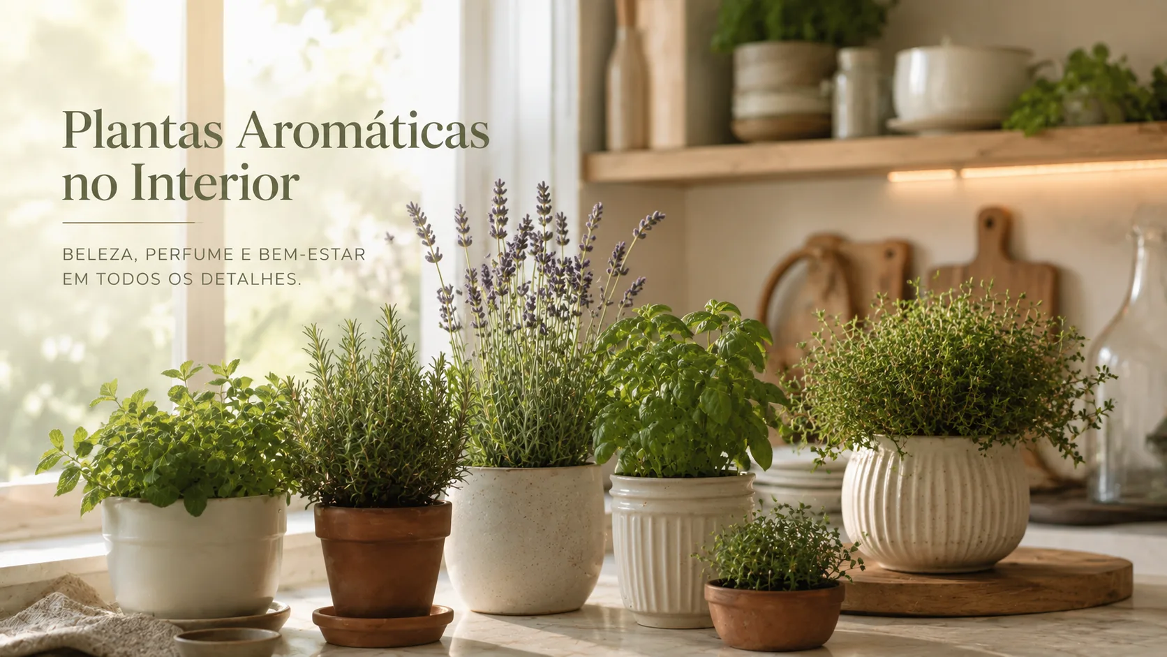 Vasos de cerâmica com plantas aromáticas — lavanda, alecrim e manjericão — sobre bancada com luz natural