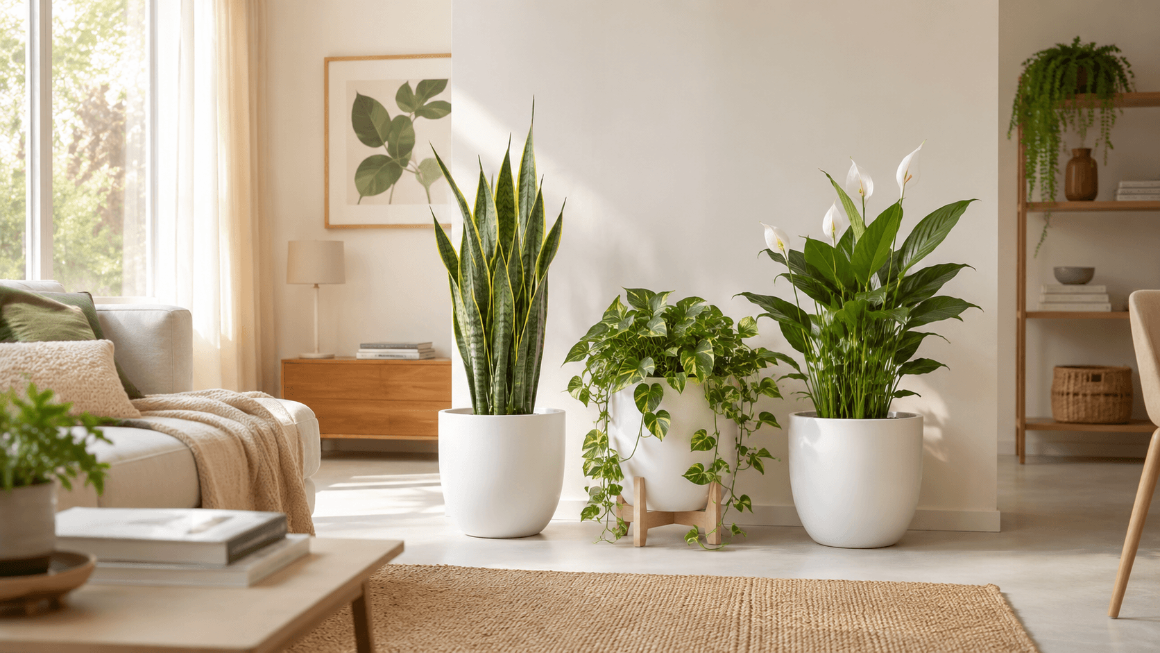 Plantas que Purificam o Ar: as Melhores para Cada Cômodo da Casa sala decorada com plantas purificadoras de ar como espada-de-são-jorge e jiboia