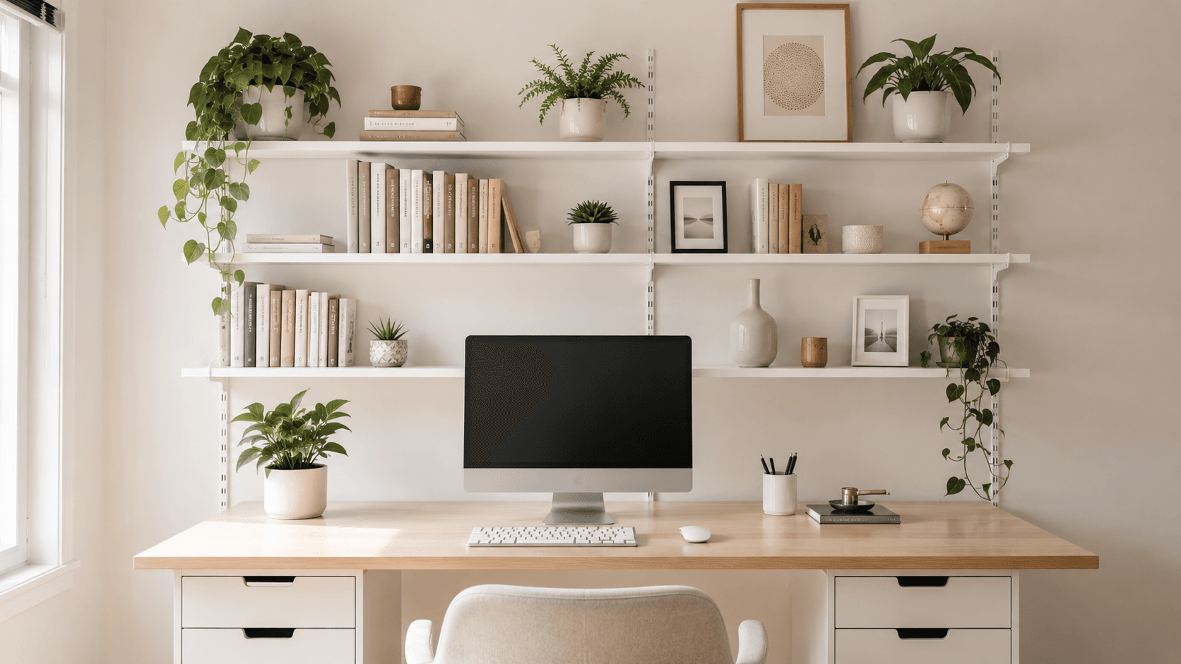 Prateleiras brancas organizadas em home office