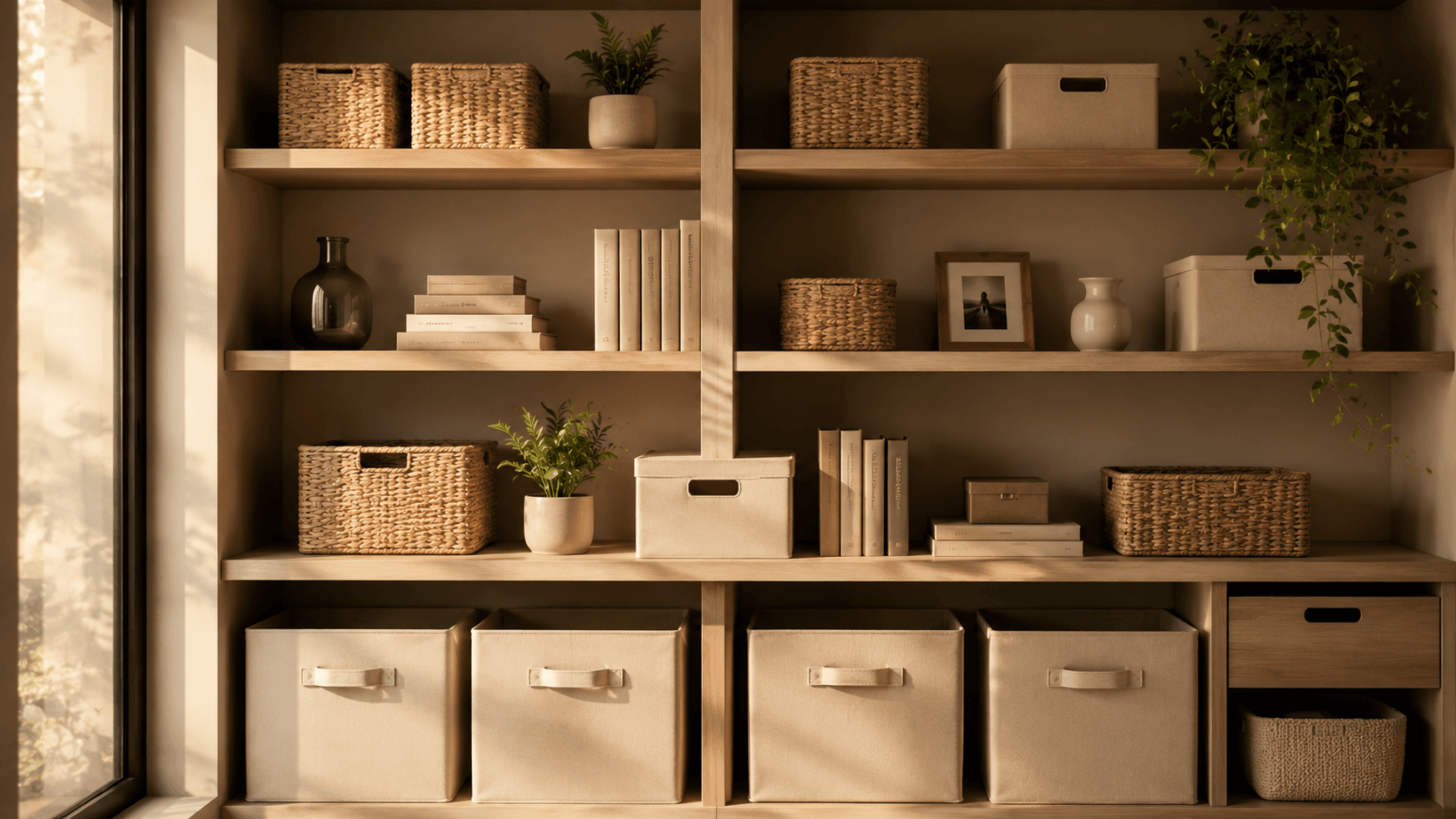 Prateleiras organizadas com cestos e caixas em tons neutros — organização decorativa que acalma o cérebro
