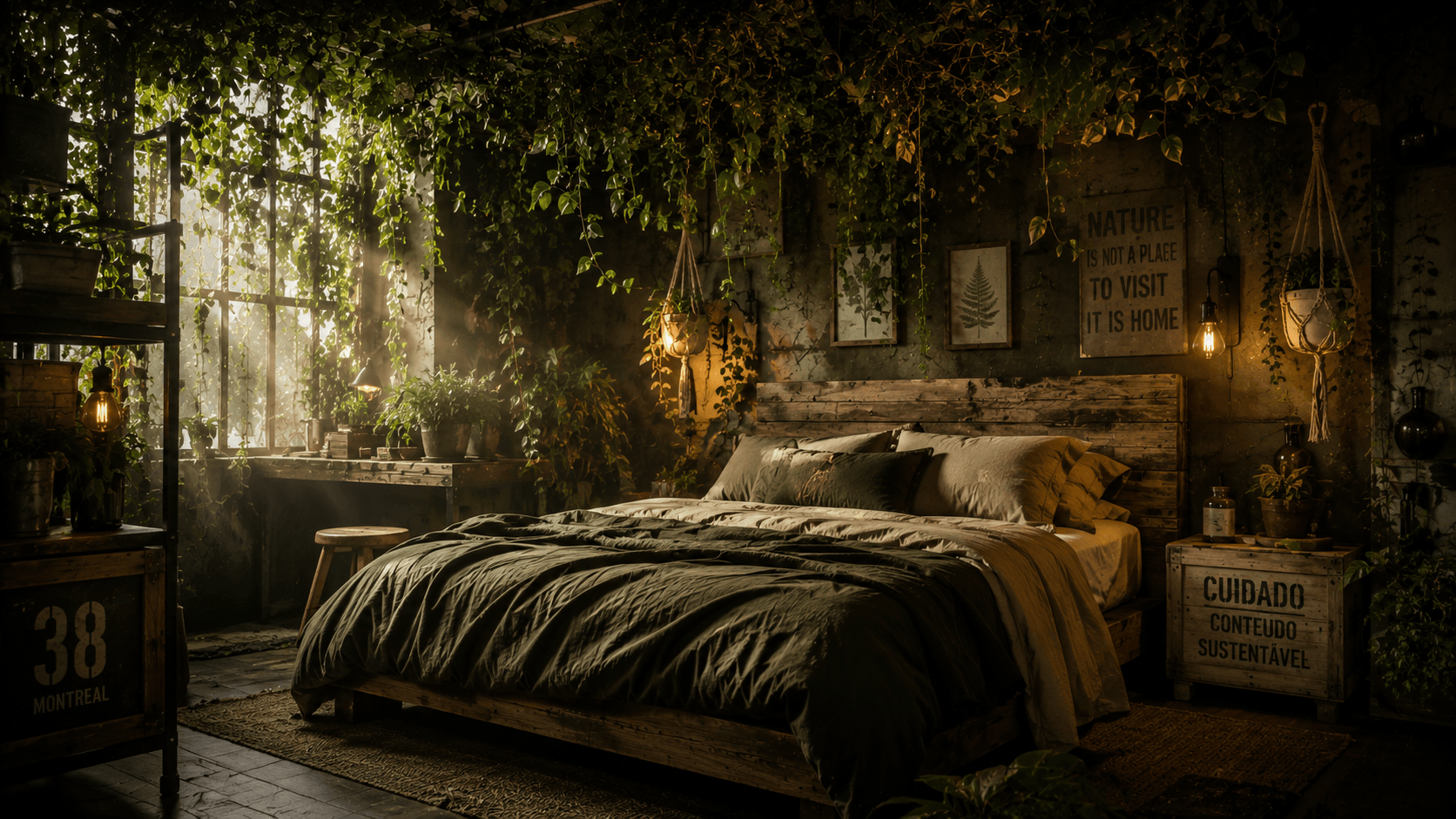 Ecopunk na Decoração: Sustentabilidade Radical para Transformar sua Casa em 2026 Quarto Ecopunk com cabeceira de madeira bruta, plantas penduradas criando dossel natural e iluminação quente filtrada