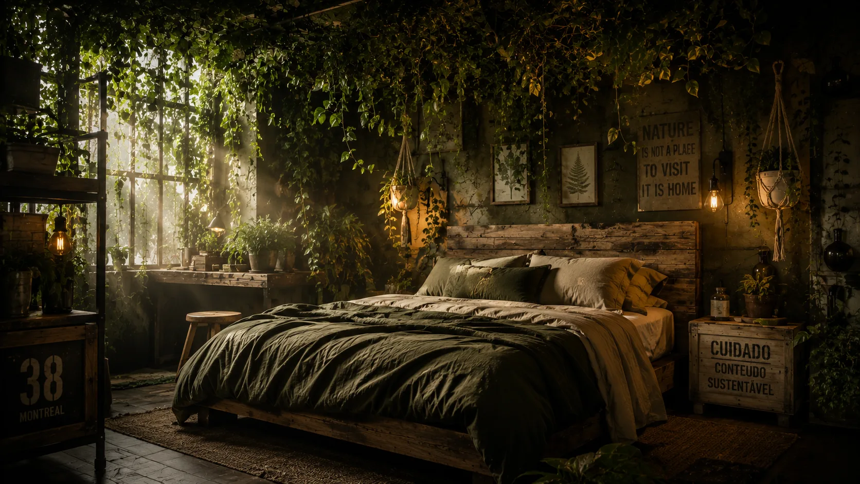 Quarto Ecopunk com cabeceira de madeira bruta, plantas penduradas criando dossel natural e iluminação quente filtrada