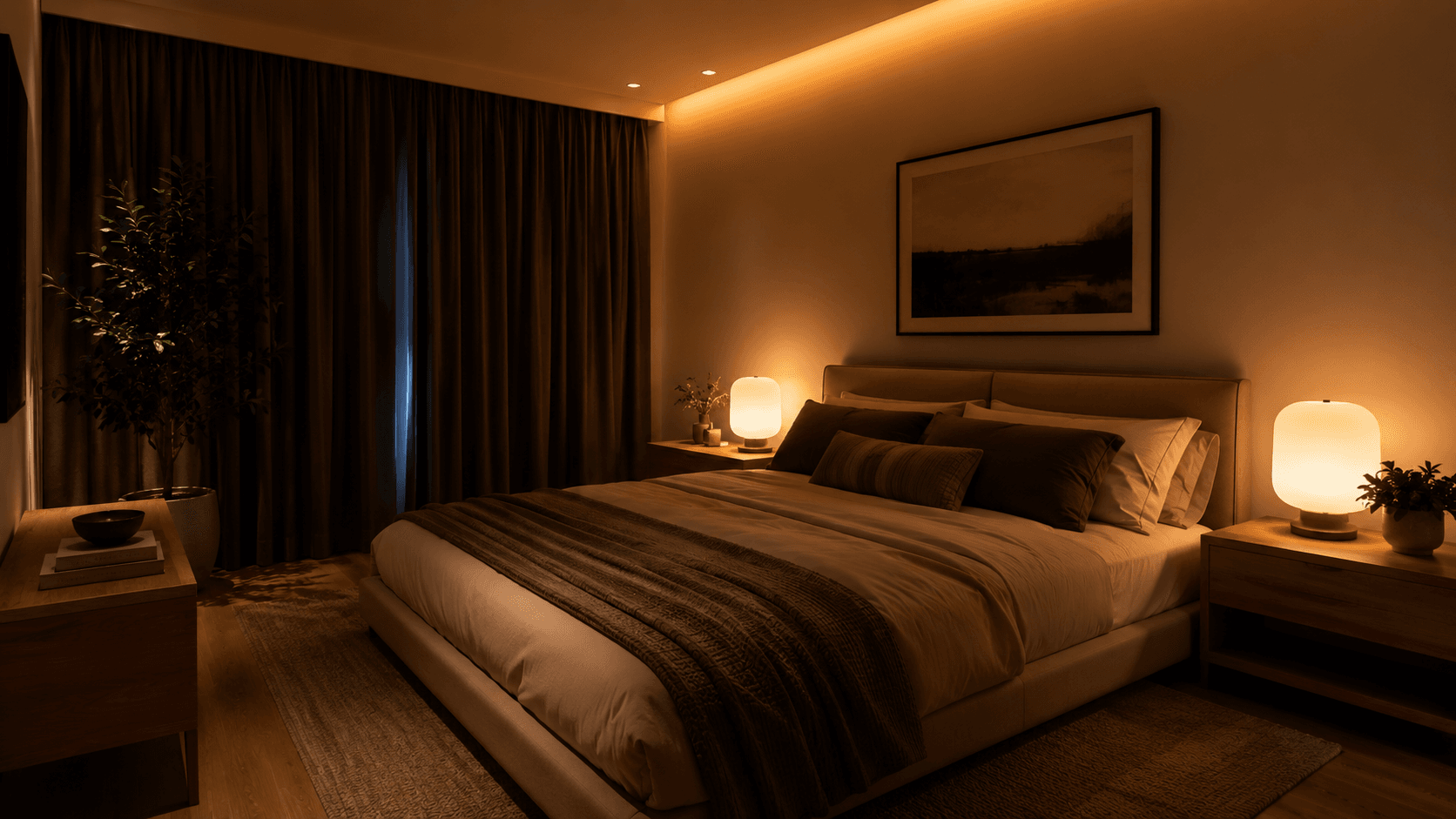 Quarto aconchegante com luminária de cabeceira em luz âmbar quente e cortinas blackout para sono reparador
