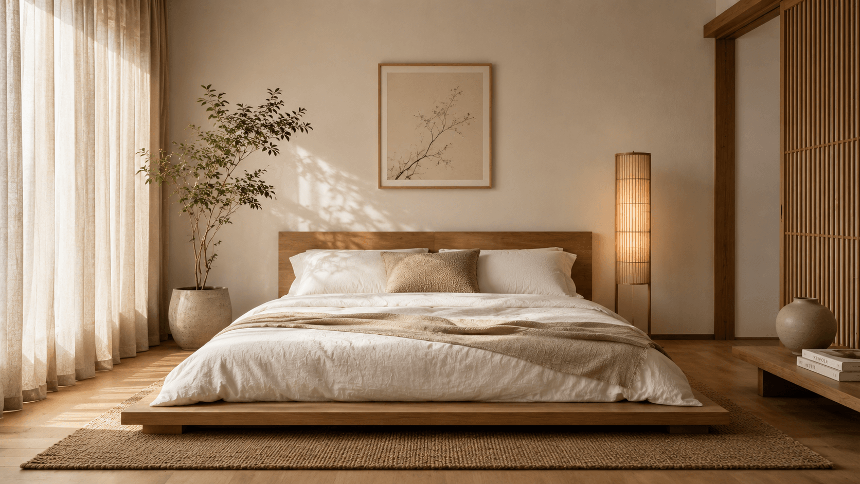 Decoração Japandi: o estilo que une minimalismo, aconchego e bem-estar Quarto decorado no estilo Japandi com cama baixa de madeira, roupa de cama em tom neutro bege e luminária de bambu no canto
