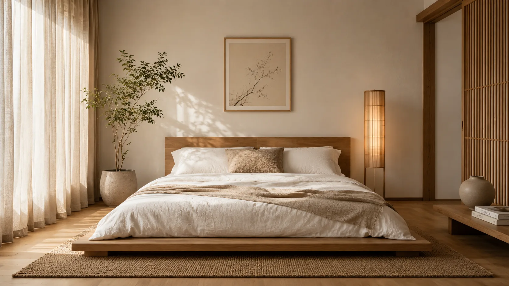 Quarto decorado no estilo Japandi com cama baixa de madeira, roupa de cama em tom neutro bege e luminária de bambu no canto