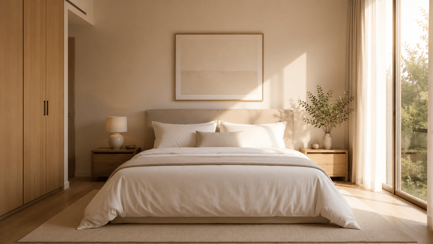 Quarto minimalista organizado com cores neutras e luz natural da manhã — ambiente para sono reparador