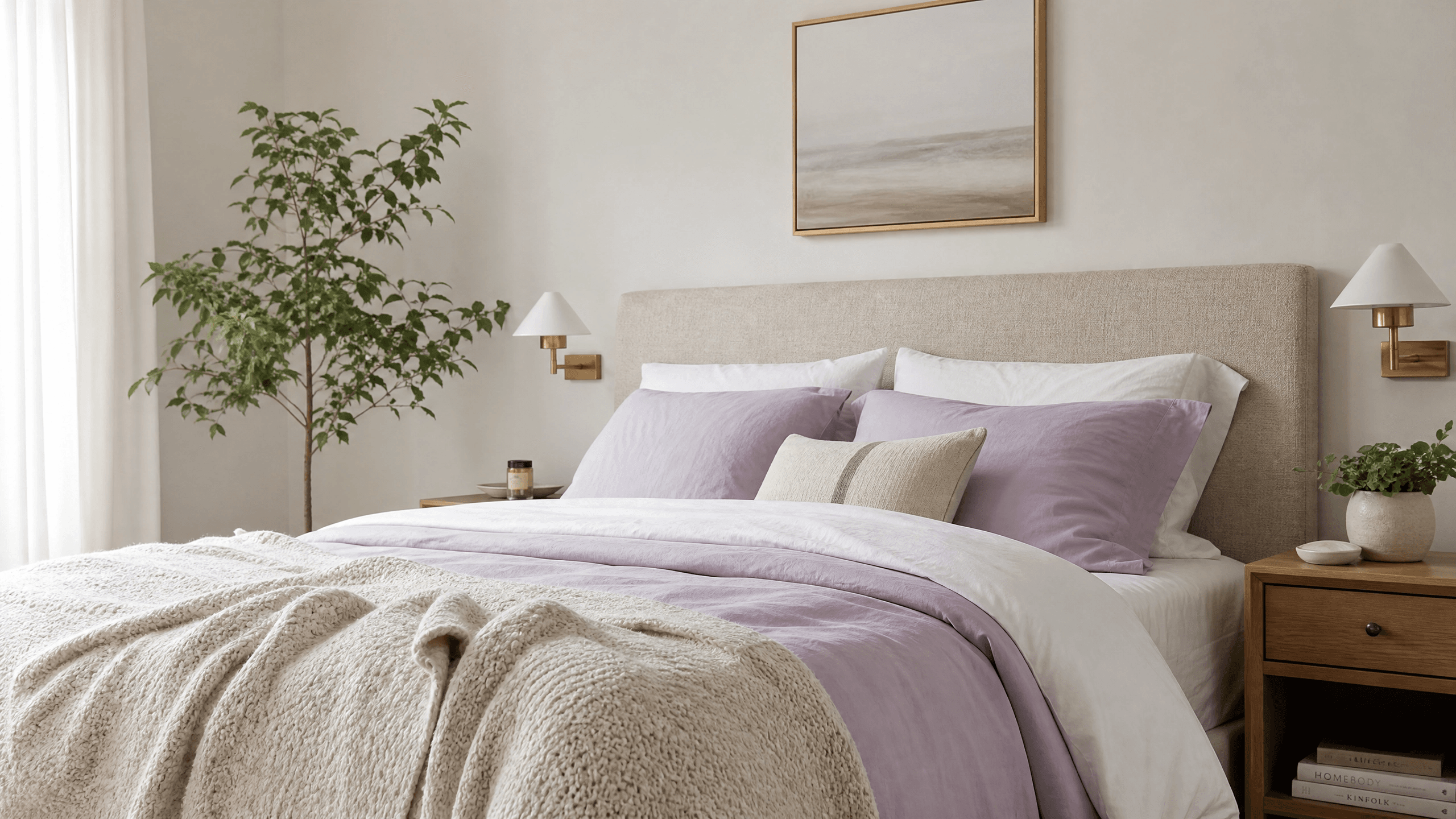 Quarto sereno com tons neutros e lavanda — cores frias para dormir melhor segundo a neurociência
