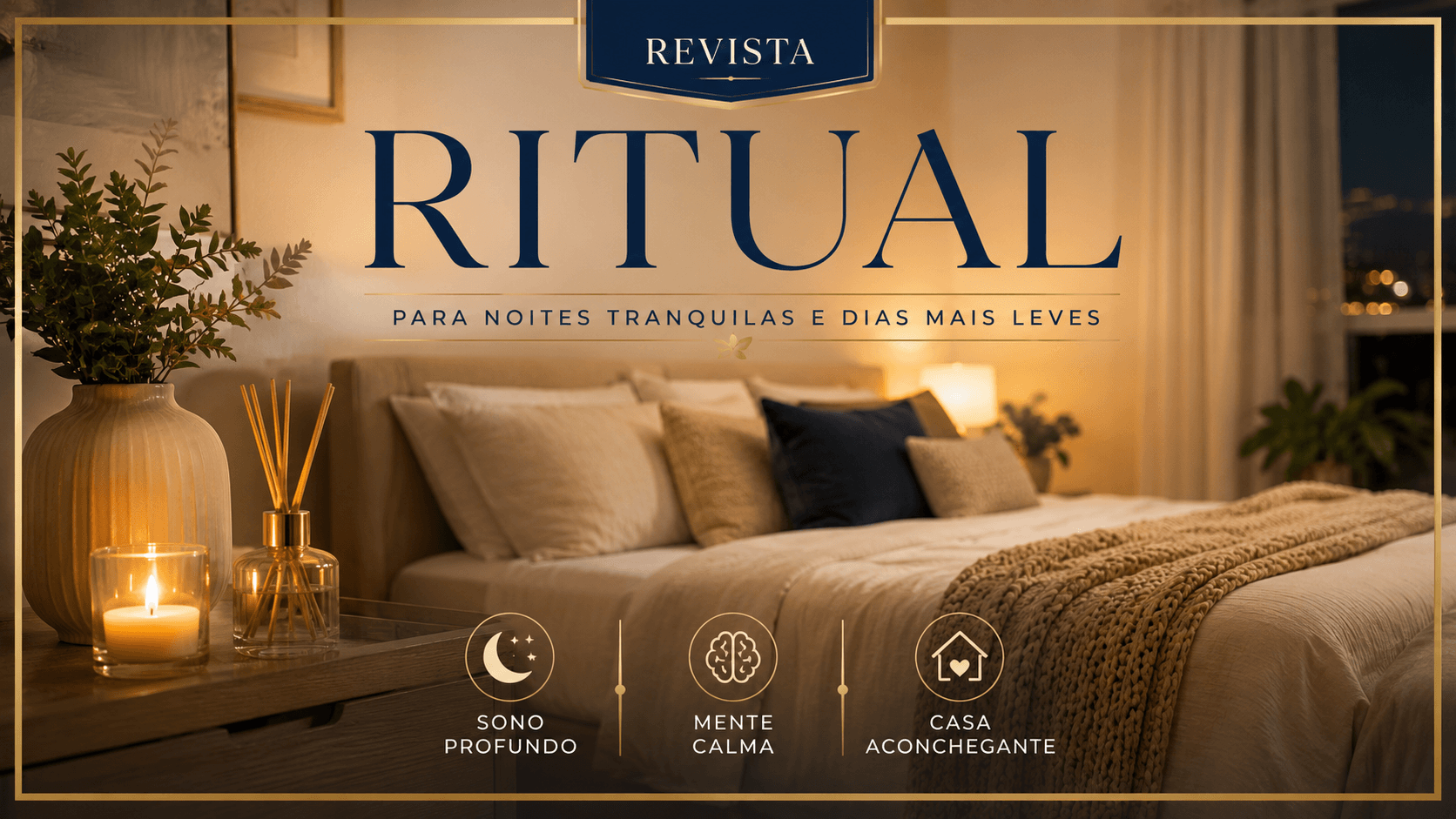 Capa estilo revista do artigo Ritual Noturno em Casa: quarto aconchegante à noite com vela acesa, difusor de aromaterapia e cama com manta de tricô
