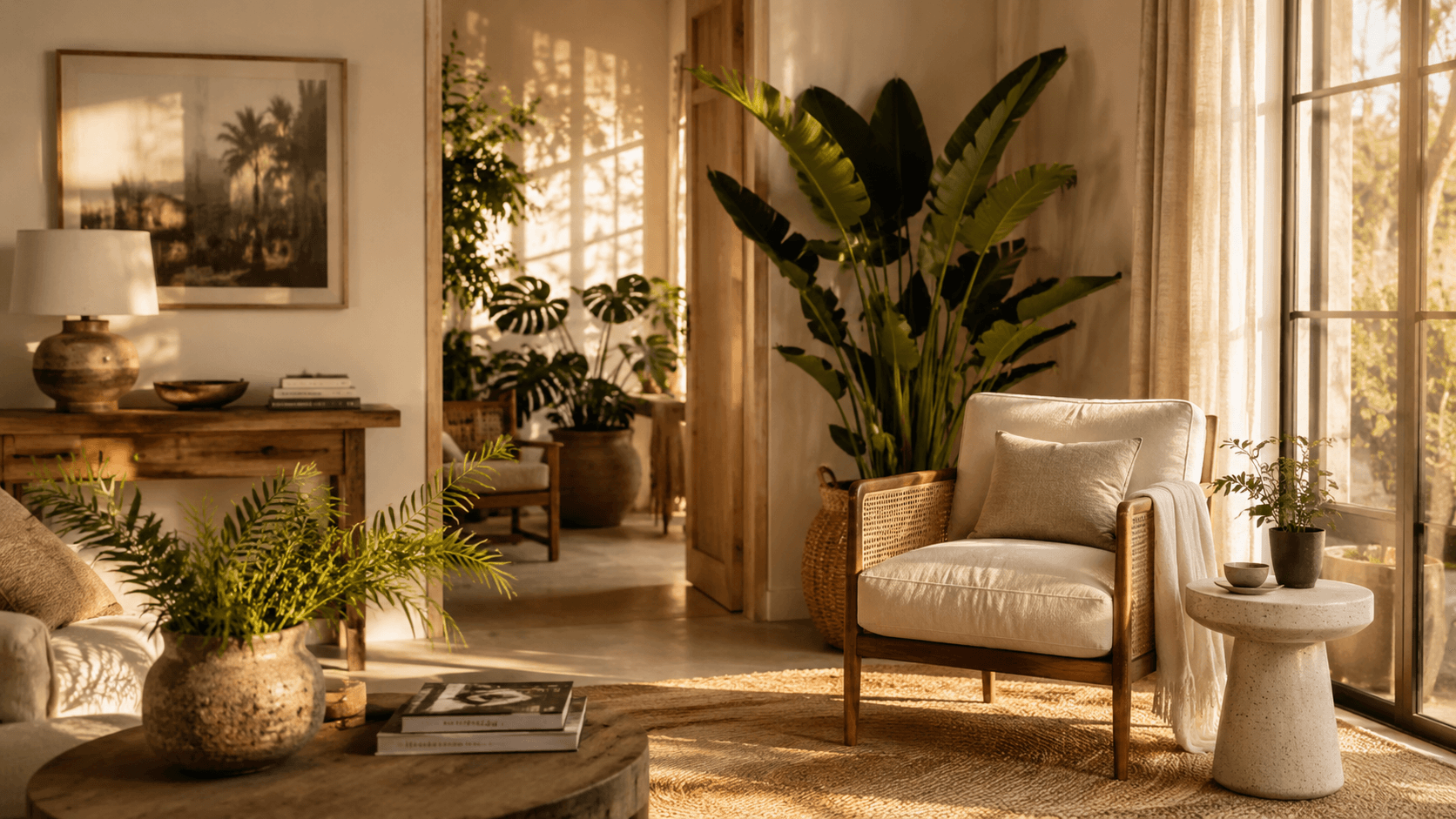 Sala de estar com decoração biofílica, luz natural dourada, plantas tropicais e cadeira de palha — neurodecoração para bem-estar