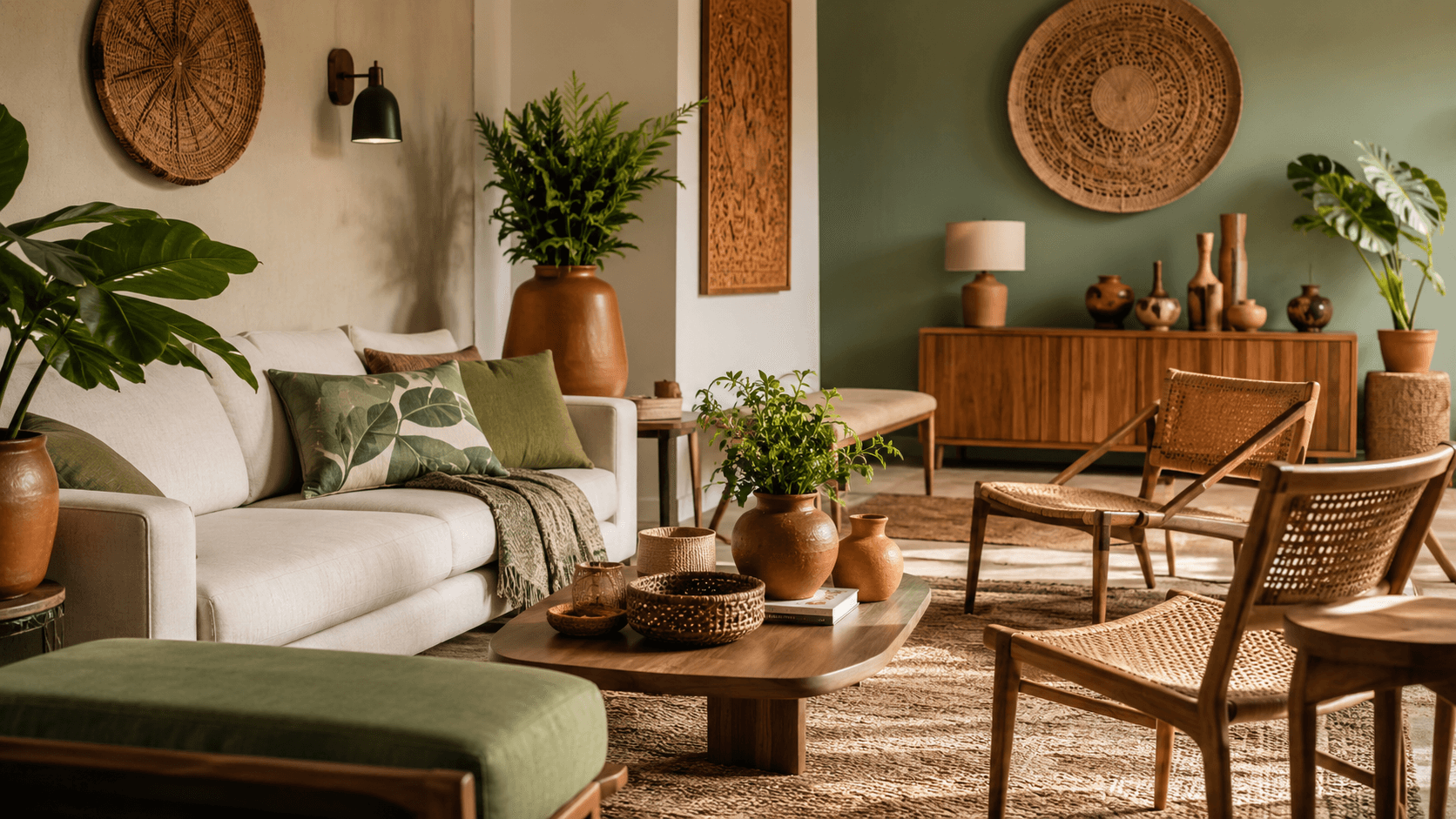Decoração brazilcore casa: sala com artesanato brasileiro, vaso de cerâmica, cestaria de palha e plantas tropicais