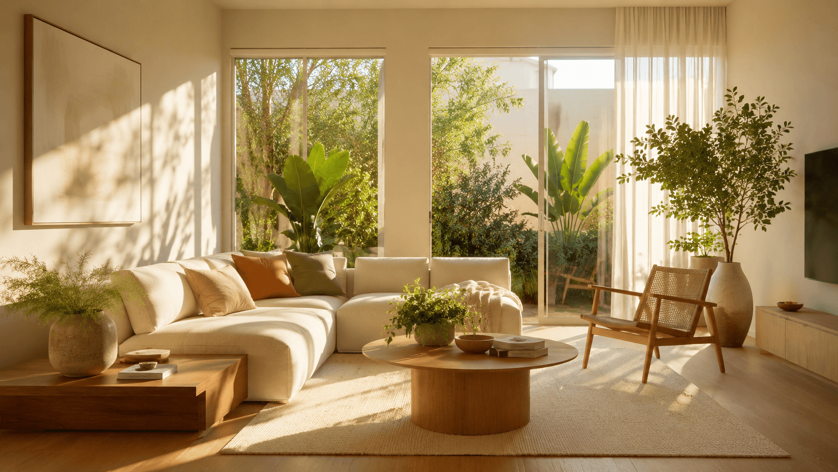 Sala de estar escandinava banhada por luz natural dourada — iluminação e bem-estar em casa