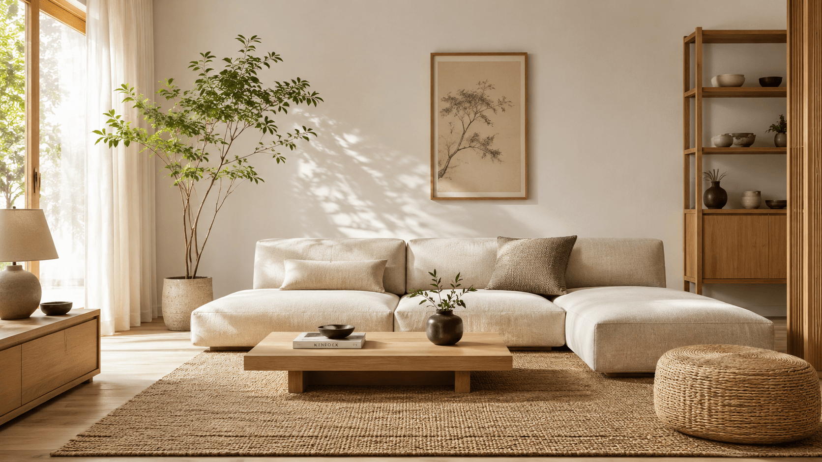 Decoração Japandi: o estilo que une minimalismo, aconchego e bem-estar Sala de estar decorada no estilo Japandi com sofá baixo em linho bege, mesa de madeira clara e planta em vaso de cerâmica
