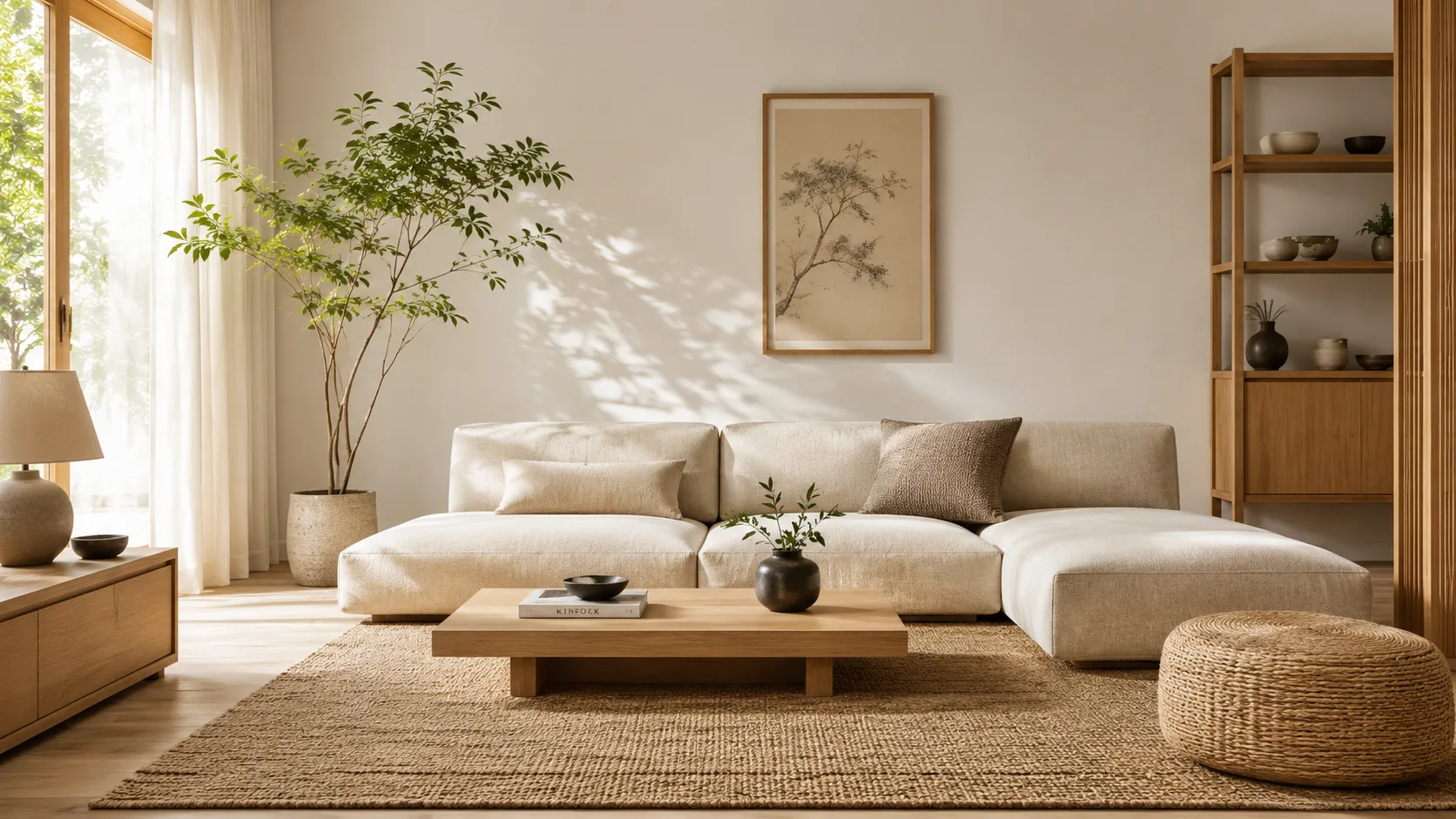Sala de estar decorada no estilo Japandi com sofá baixo em linho bege, mesa de madeira clara e planta em vaso de cerâmica