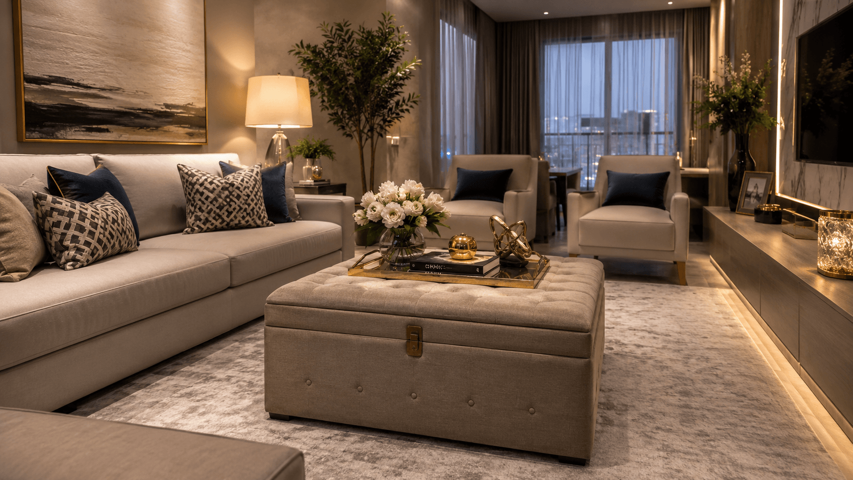 Sala de estar com pufe baú como mesa de centro, decoração elegante e aconchegante