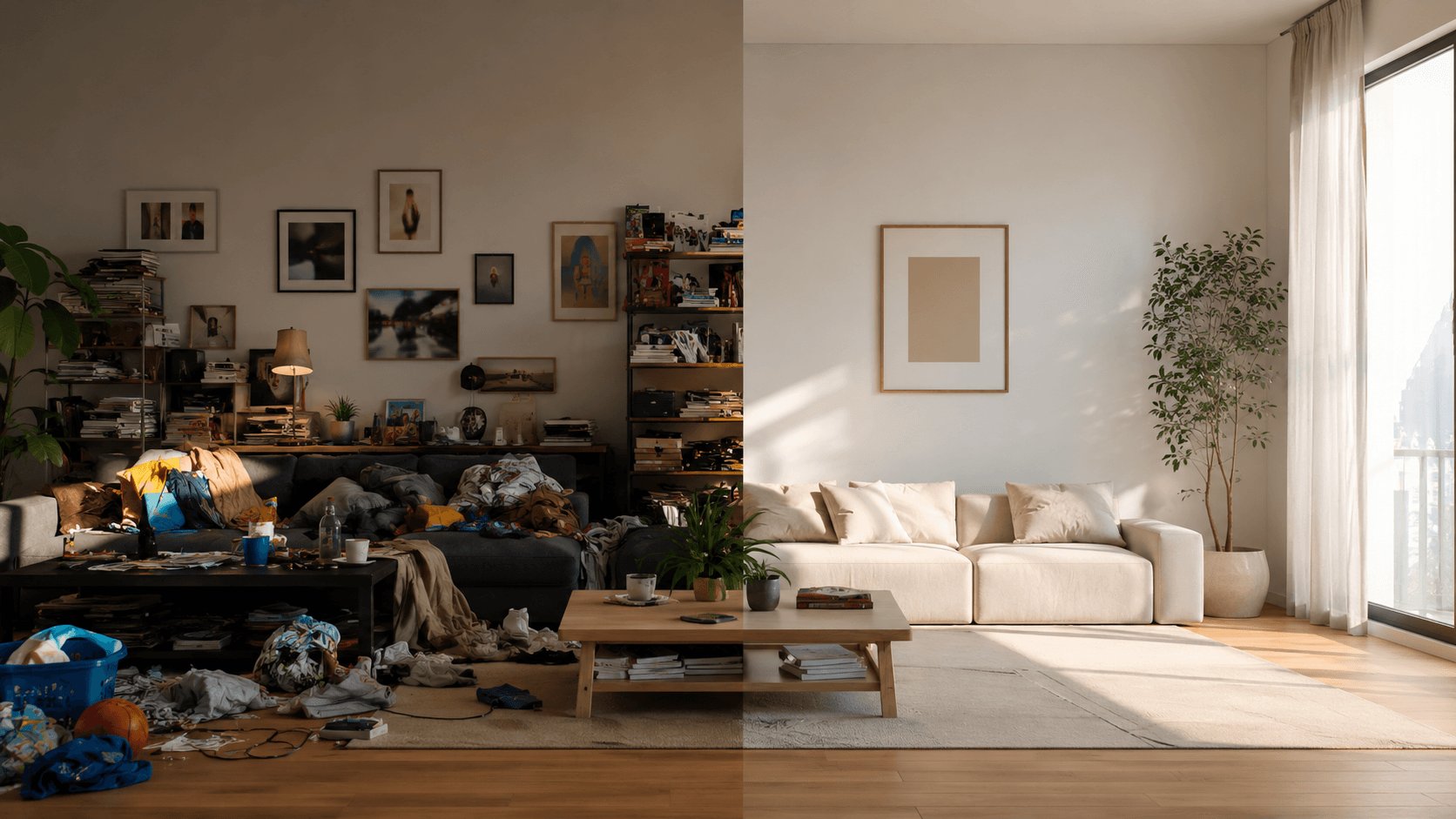 Sala de estar dividida: lado esquerdo caótico e desorganizado, lado direito limpo e minimalista — impacto do caos visual no cérebro