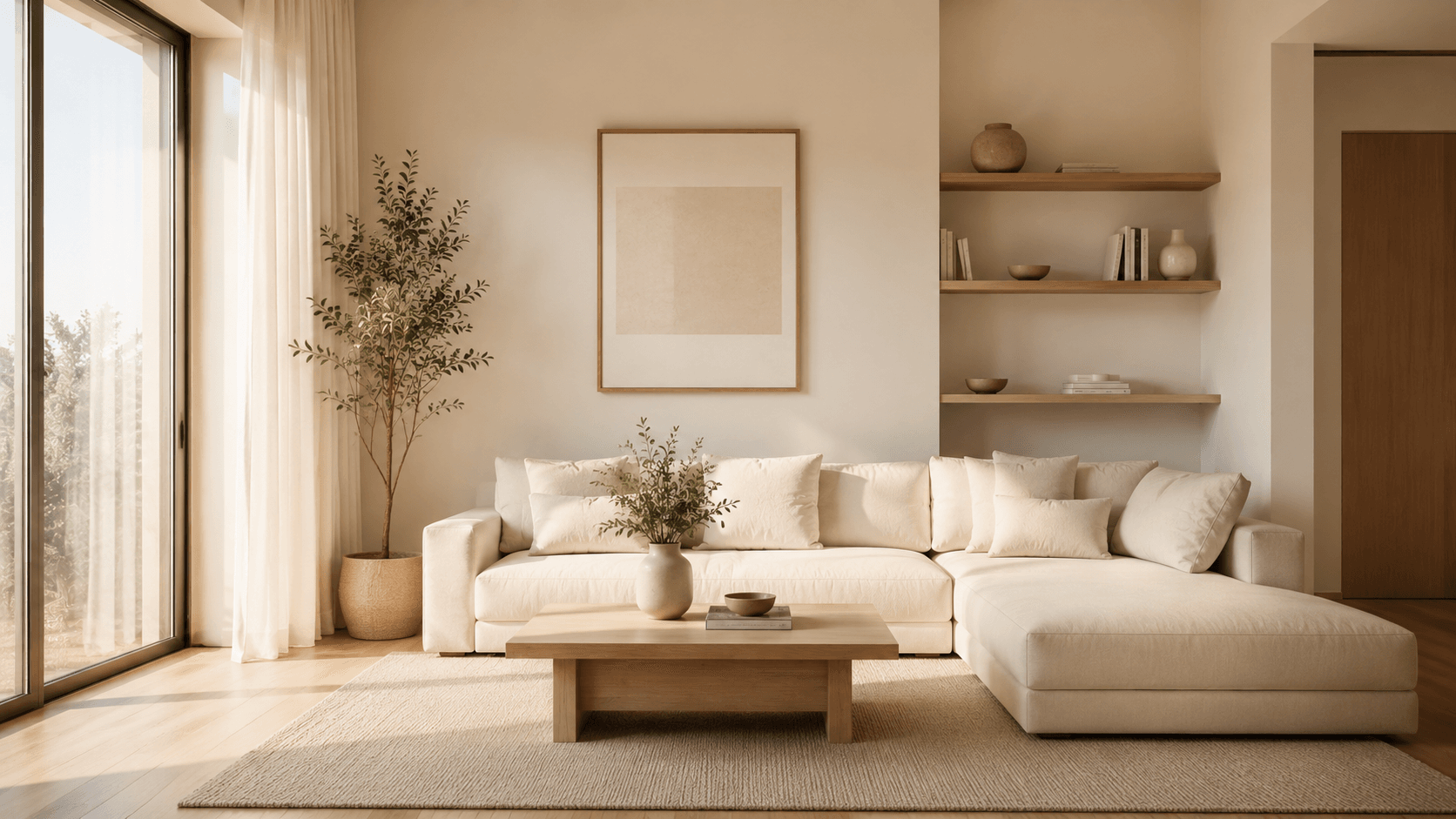 Sala de estar minimalista e organizada com tons neutros e luz natural — ambiente que restaura o cérebro