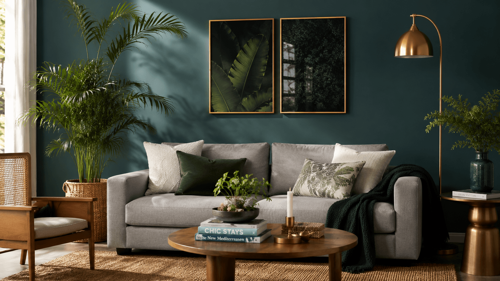 Sala de estar com parede em verde-petróleo e detalhes dourados — cores para decoração de interiores