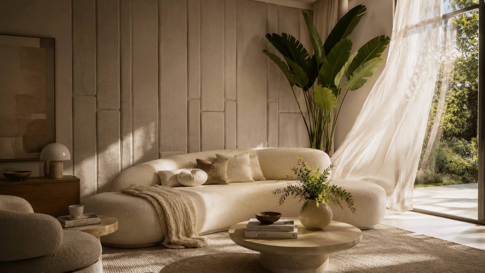 Sala de estar com painéis acústicos decorativos em tecido bege, sofá orgânico champagne e planta tropical — decoração acústica para ambientes