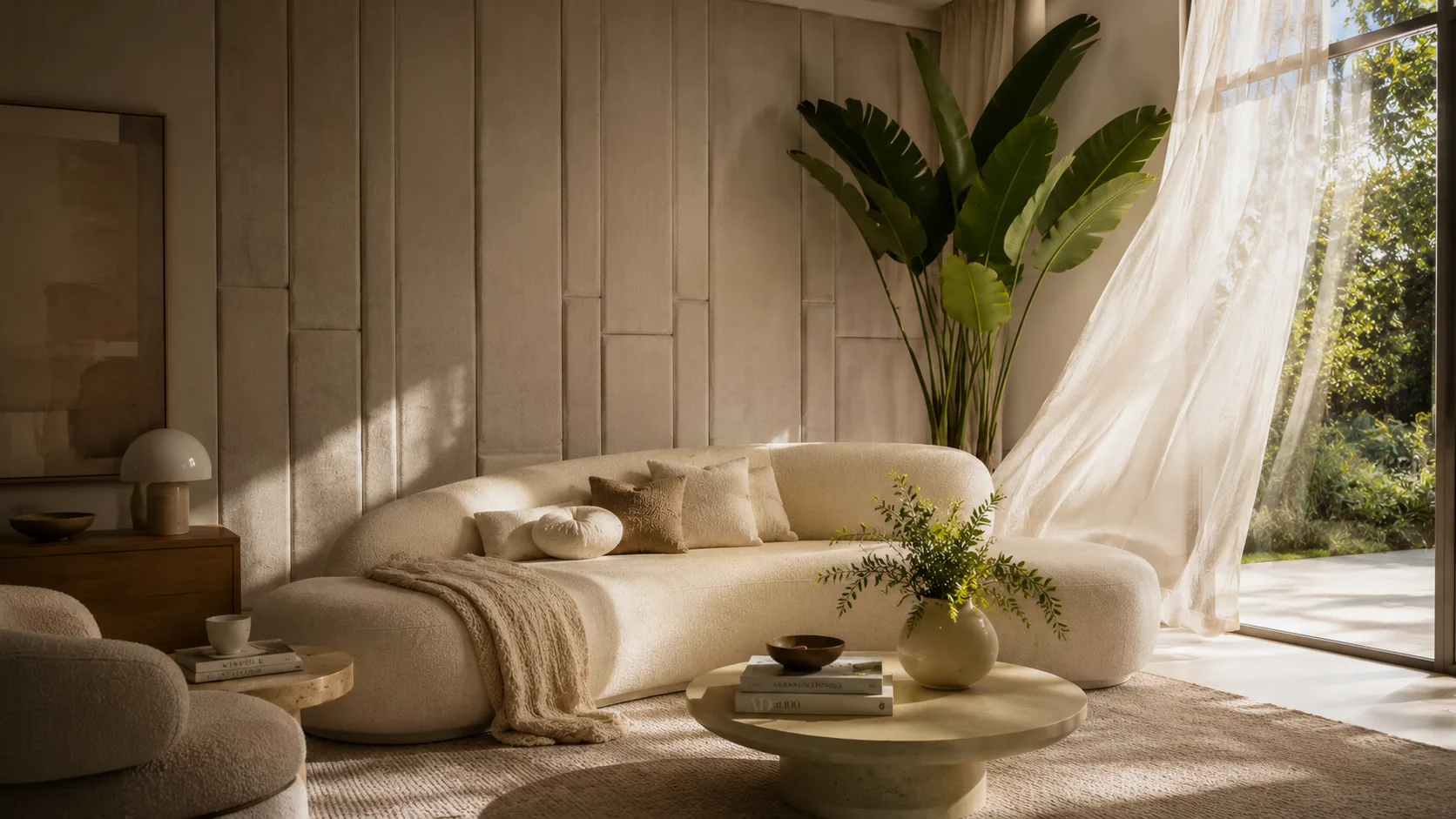 Sala de estar com painéis acústicos decorativos em tecido bege, sofá orgânico champagne e planta tropical — decoração acústica para ambientes