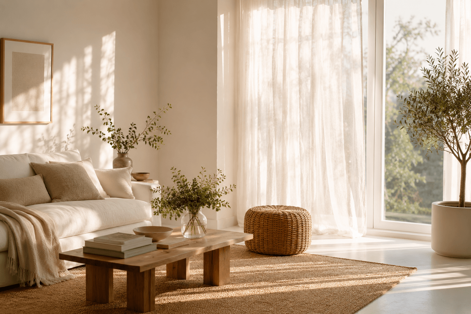 Sala minimalista com decoração neuroamigável, luz natural e elementos naturais