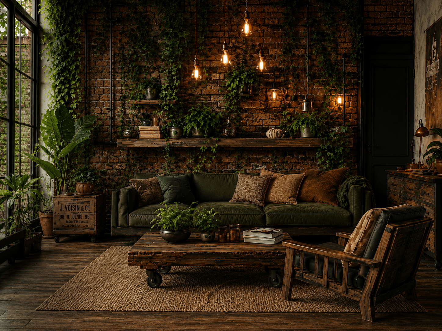 Ecopunk na Decoração: Sustentabilidade Radical para Transformar sua Casa em 2026 Sala com decoração Ecopunk: tijolo aparente, plantas trepadeiras, sofá verde musgo e luminária industrial Edison