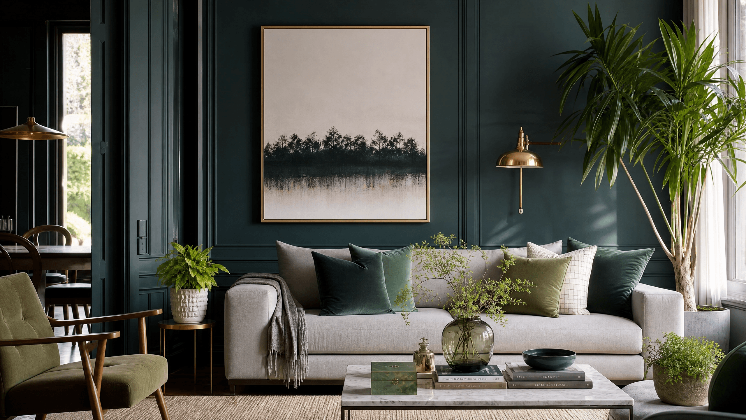 Sala de estar sofisticada com paleta de cores harmoniosas azul e bege — decoração com neurociência