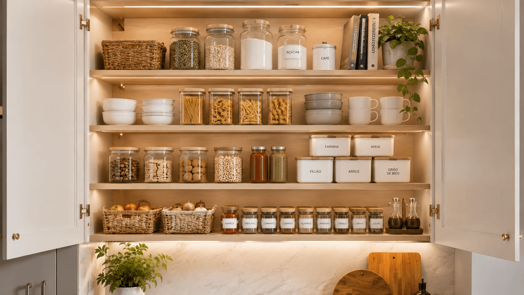 Armário de cozinha aberto com prateleiras organizadas e produtos empilhados com harmonia