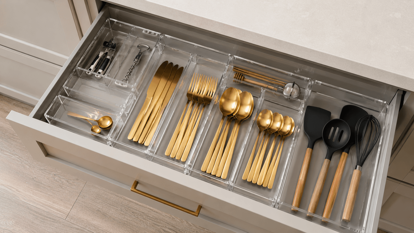 Gaveta de cozinha organizada com organizador modular acrílico e talheres separados