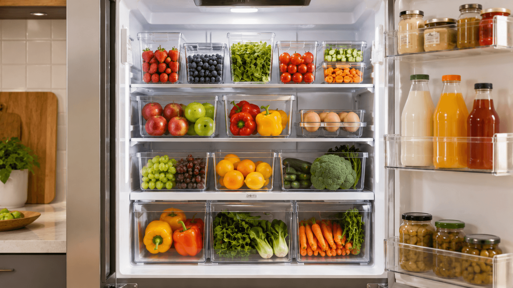 Geladeira aberta com cestos organizadores transparentes, frutas e verduras bem dispostas