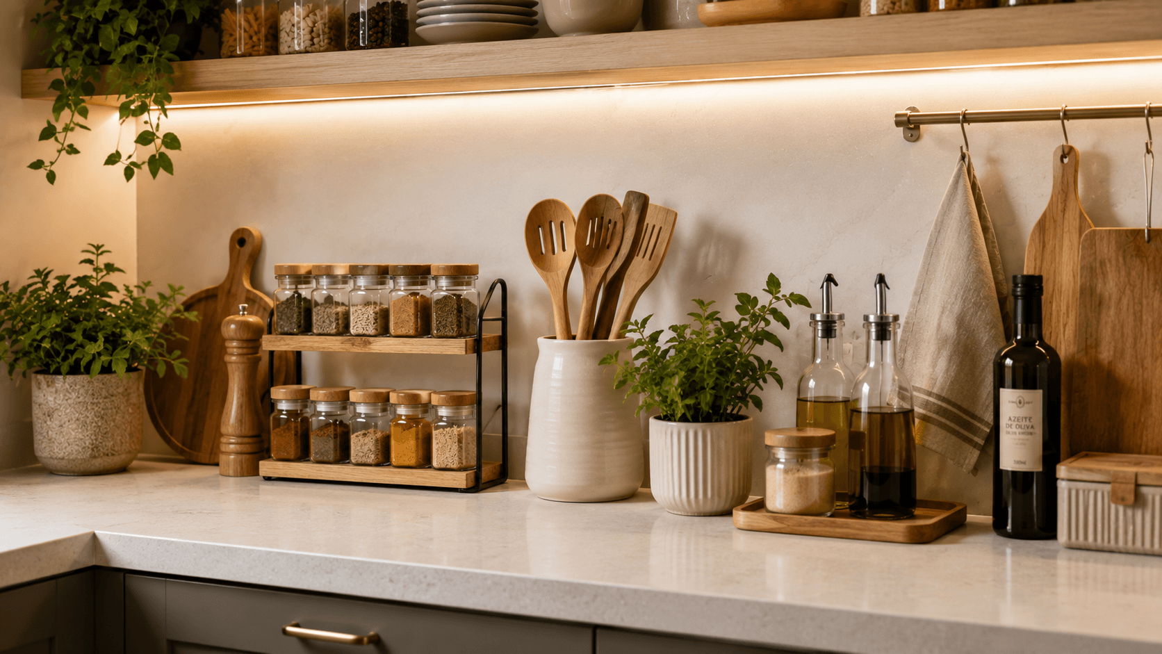 Bancada de cozinha com porta temperos giratório, prateleira de utensílios e acessórios organizados