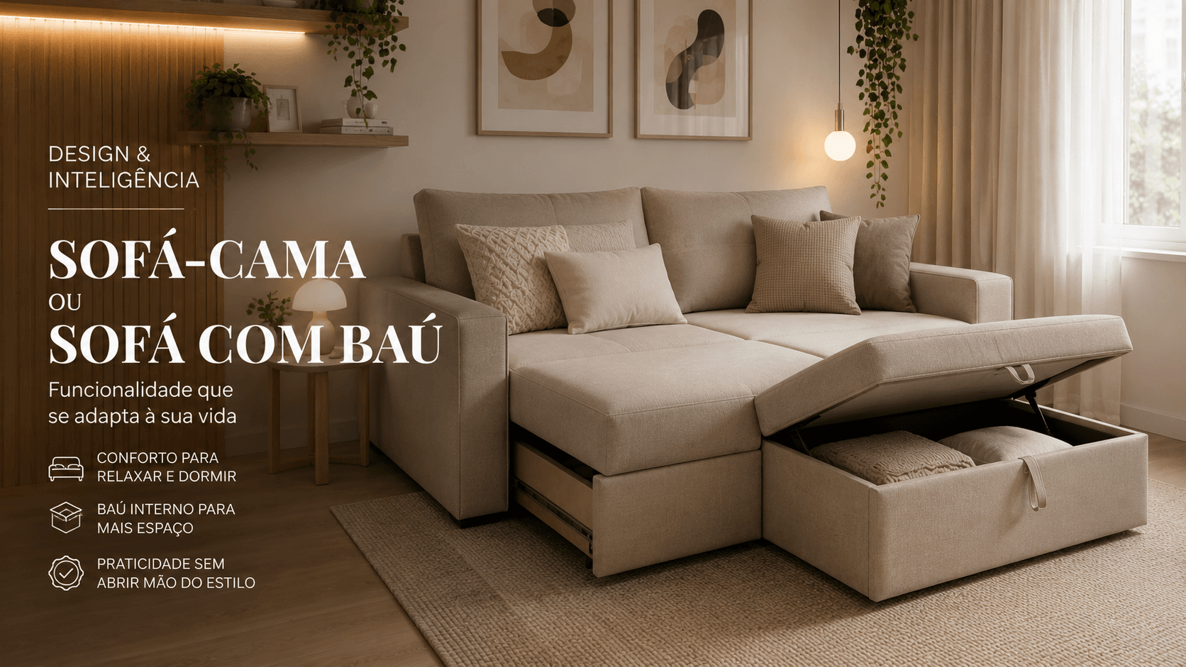 Sofá-cama baú reclinável em suede em sala de estar de apartamento pequeno