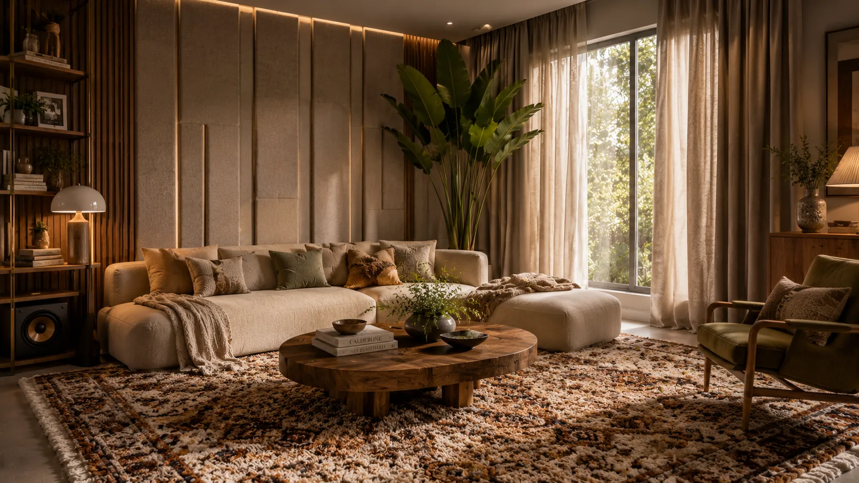 Sala com tapete shaggy espesso e texturas suaves para absorção acústica — decoração acústica para ambientes