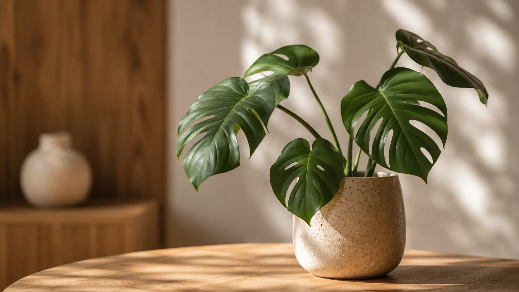 Planta de interior em vaso de cerâmica artesanal no estilo Japandi sobre superfície de madeira com luz natural suave