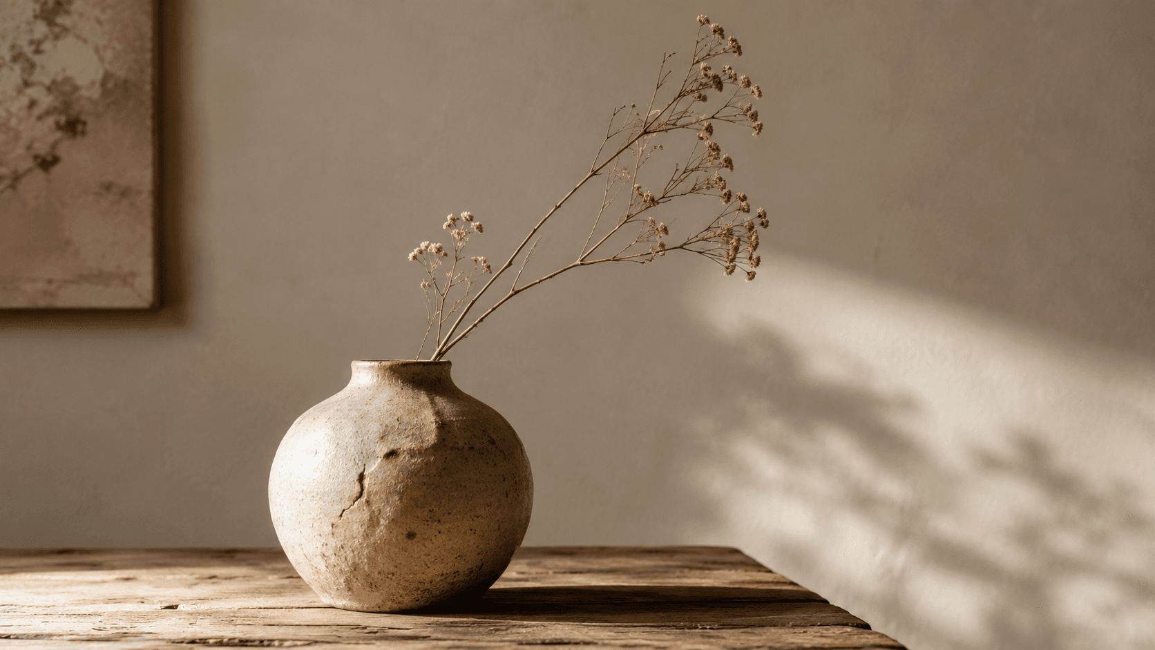 Decoração Japandi: o estilo que une minimalismo, aconchego e bem-estar Vaso de cerâmica artesanal com imperfeições sobre madeira representando o conceito wabi-sabi do estilo Japandi