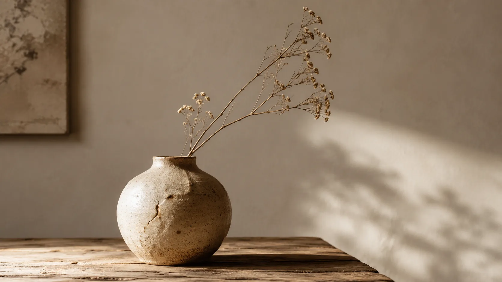 Vaso de cerâmica artesanal com imperfeições sobre madeira representando o conceito wabi-sabi do estilo Japandi