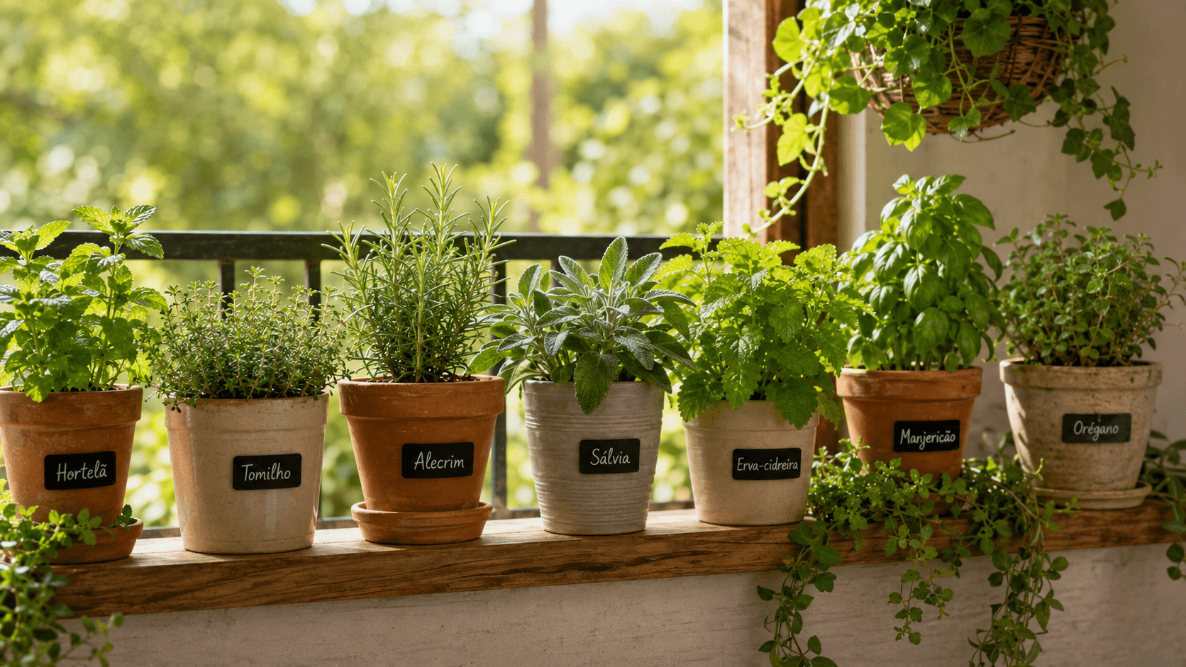 Ervas medicinais na janela — luz natural e decoração funcional Vasos de ervas medicinais em prateleira de janela com luz natural