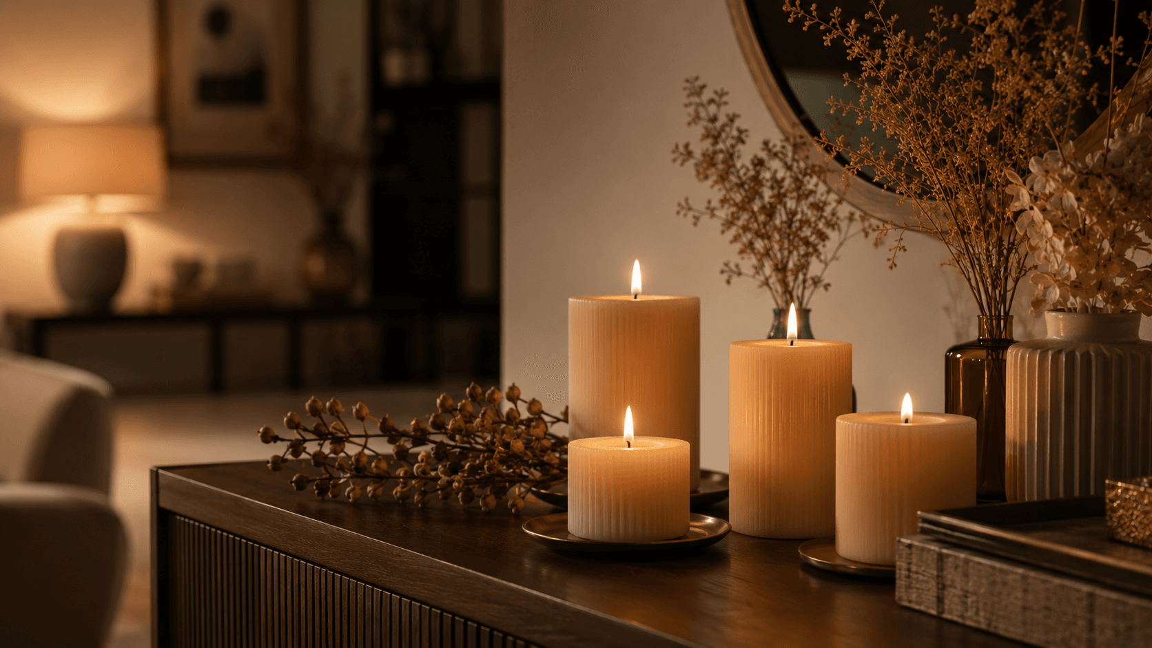 Velas aromáticas naturais acesas em diferentes alturas sobre aparador com flores secas e luz dourada