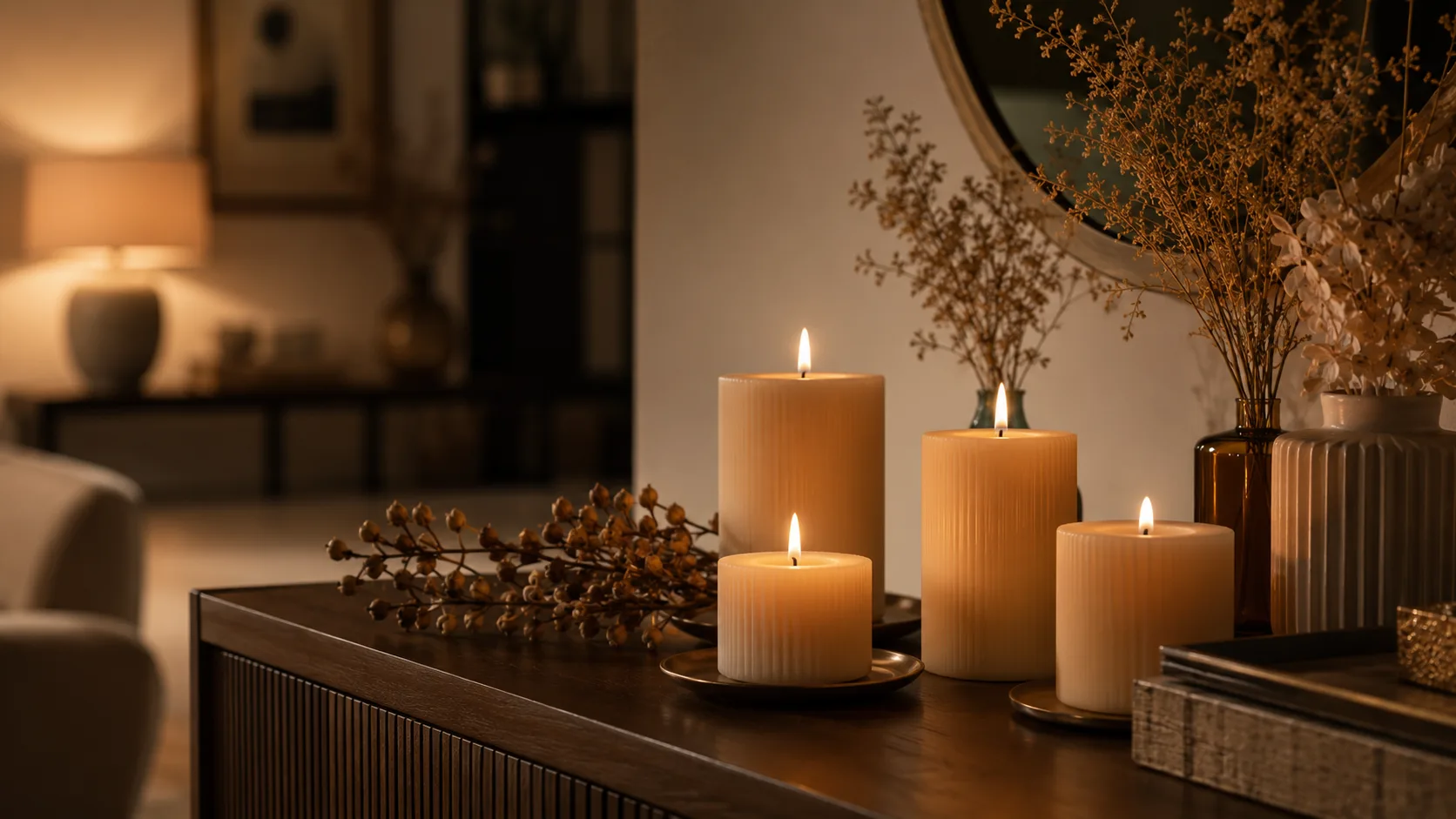 Velas aromáticas naturais acesas em diferentes alturas sobre aparador com flores secas e luz dourada