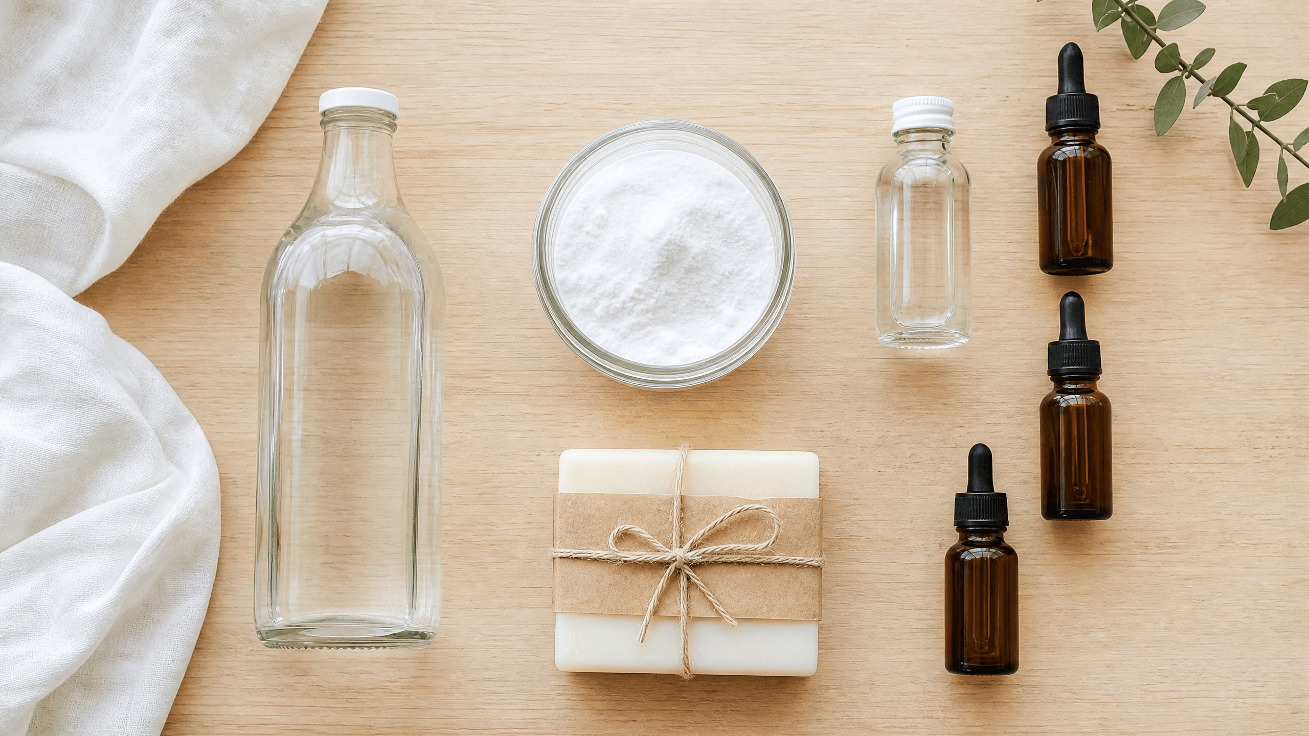 Flat lay dos cinco ingredientes-base da limpeza natural: vinagre, bicarbonato de sódio, sabão de coco, álcool e óleos essenciais organizados sobre madeira clara