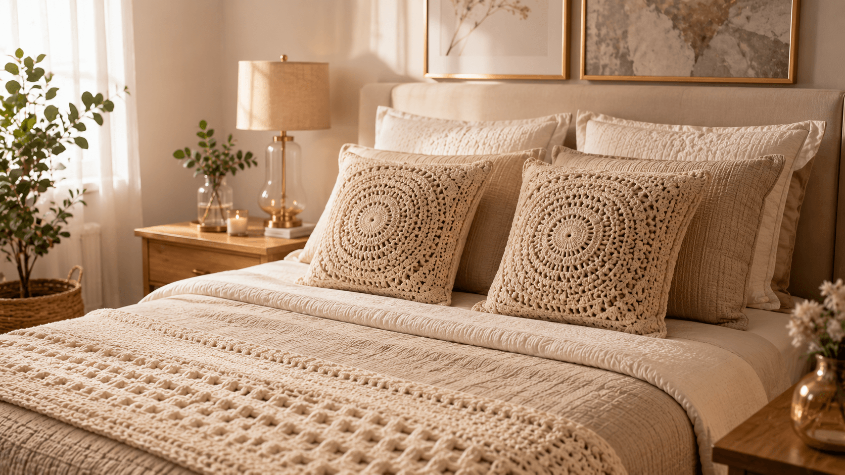 Almofadas de crochê compondo cama ou sofá, ambiente aconchegante em tons neutros