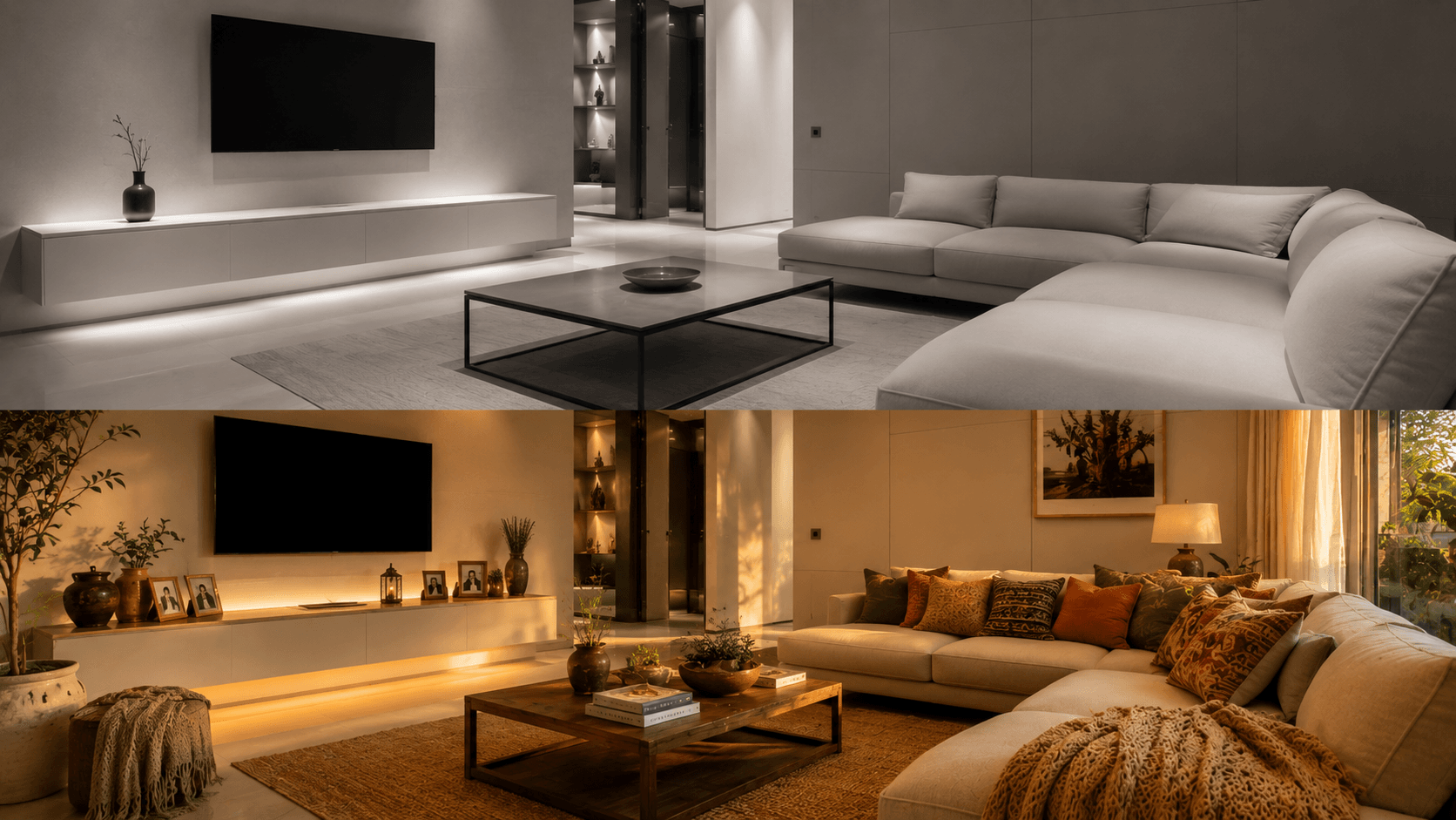 Antes e depois conceitual: sala fria de vitrine versus sala com alma e personalidade