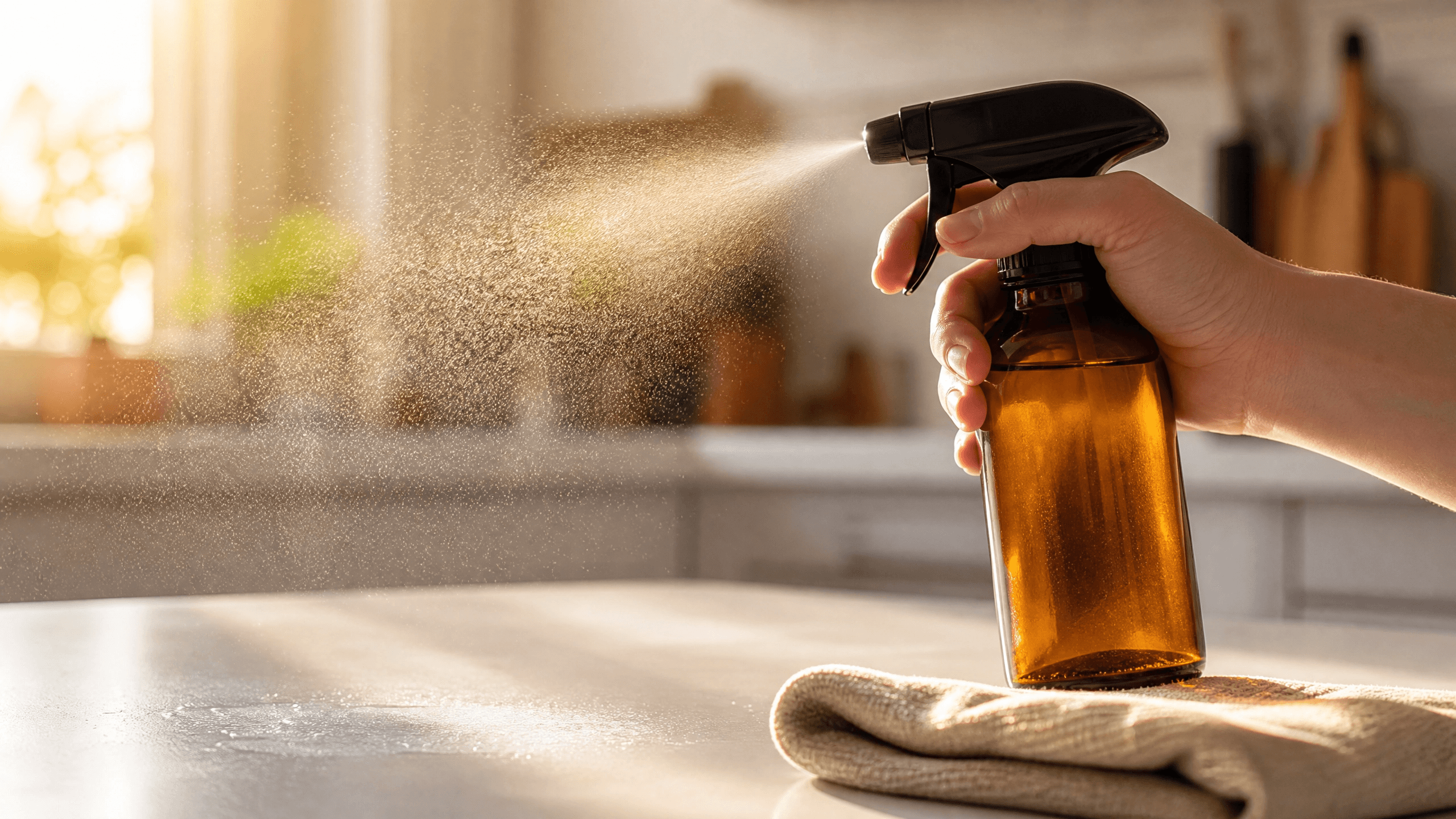 Mão borrifando líquido de limpeza natural de um borrifador de vidro âmbar sobre uma bancada de cozinha branca