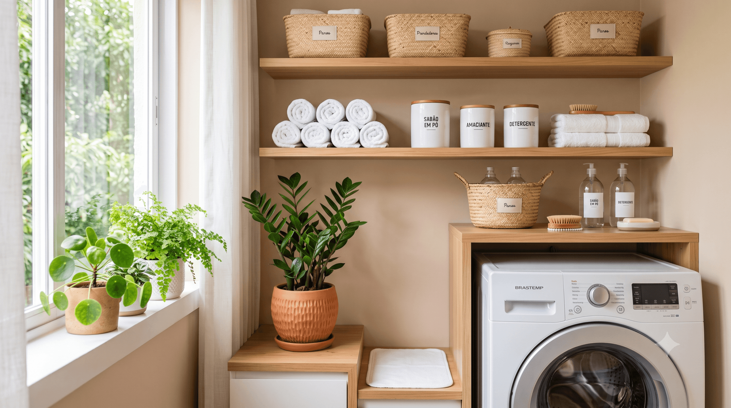 Área de serviço compacta de apartamento organizada com prateleiras e cesto de fibra natural