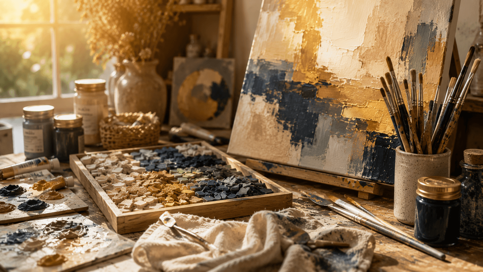 Ateliê com tela de pintura em processo e pastilhas de mosaico coloridas