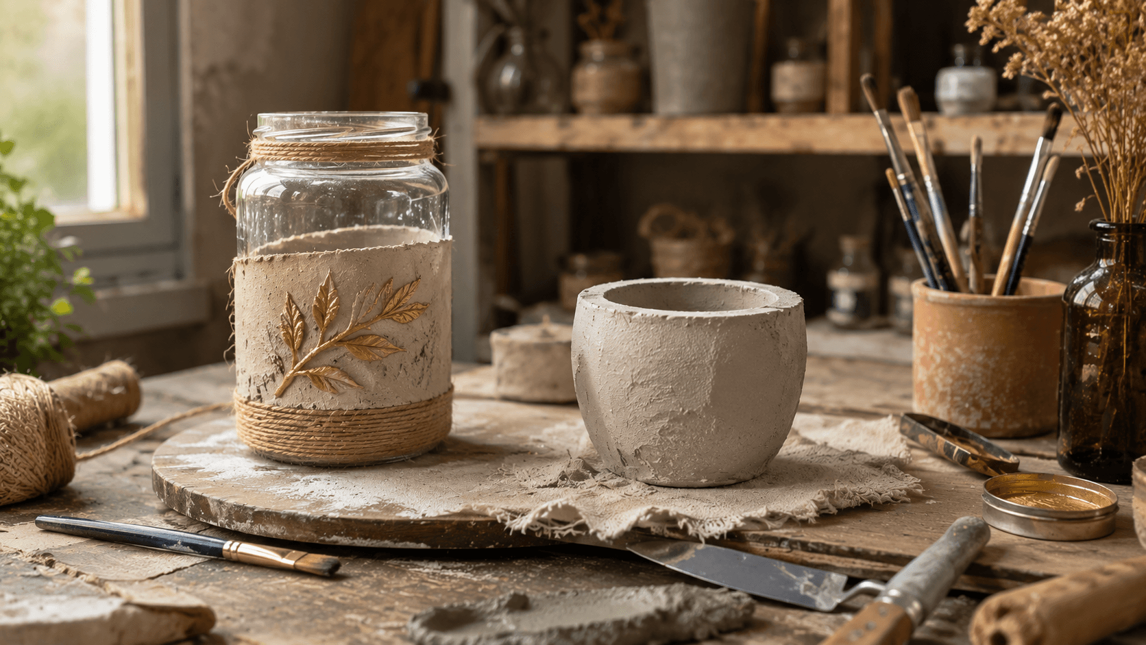 Bancada de trabalho com vidro sendo transformado e vaso de cimento artesanal
