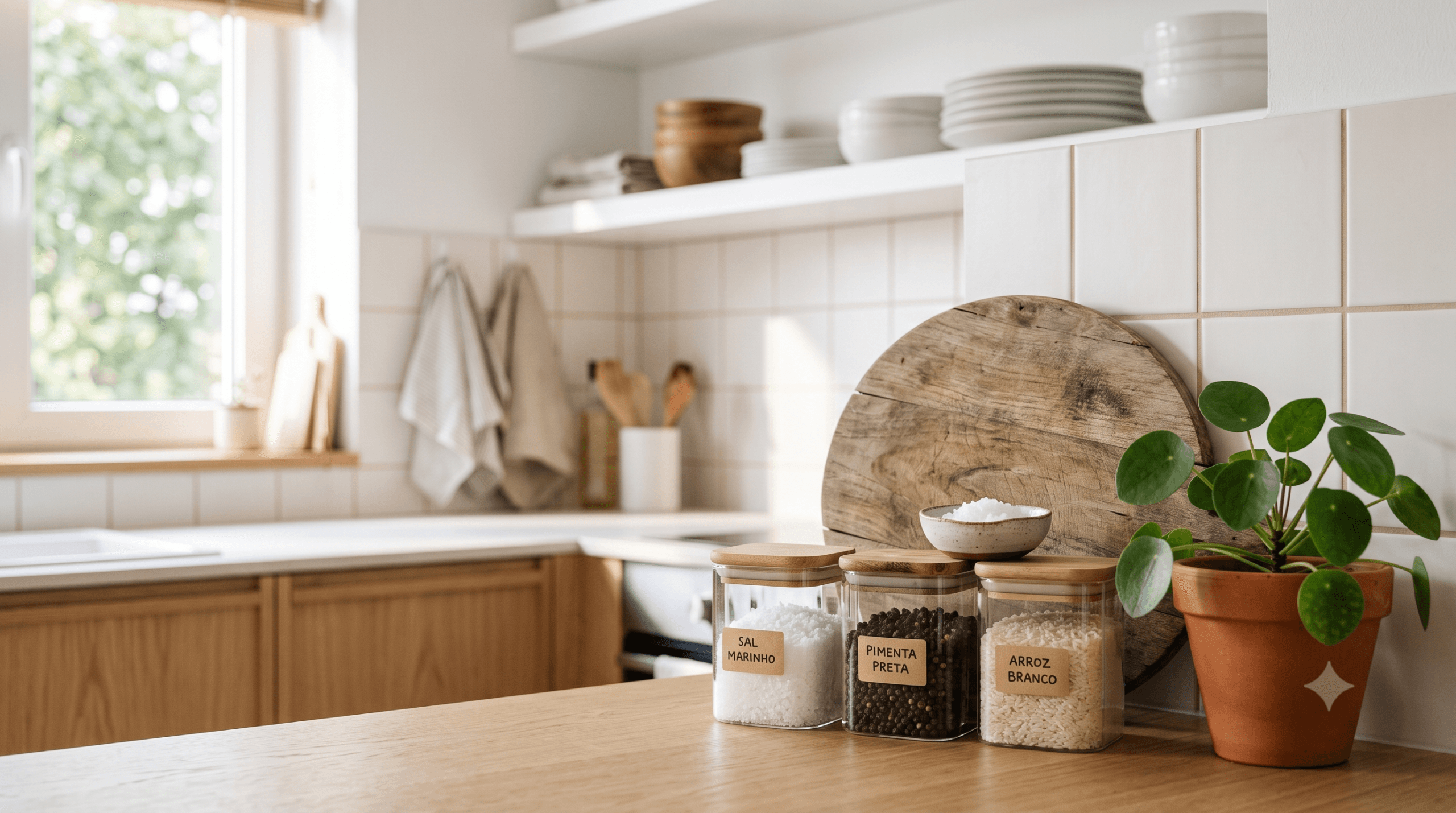 bancada de cozinha pequena organizada com potes herméticos transparentes e planta
