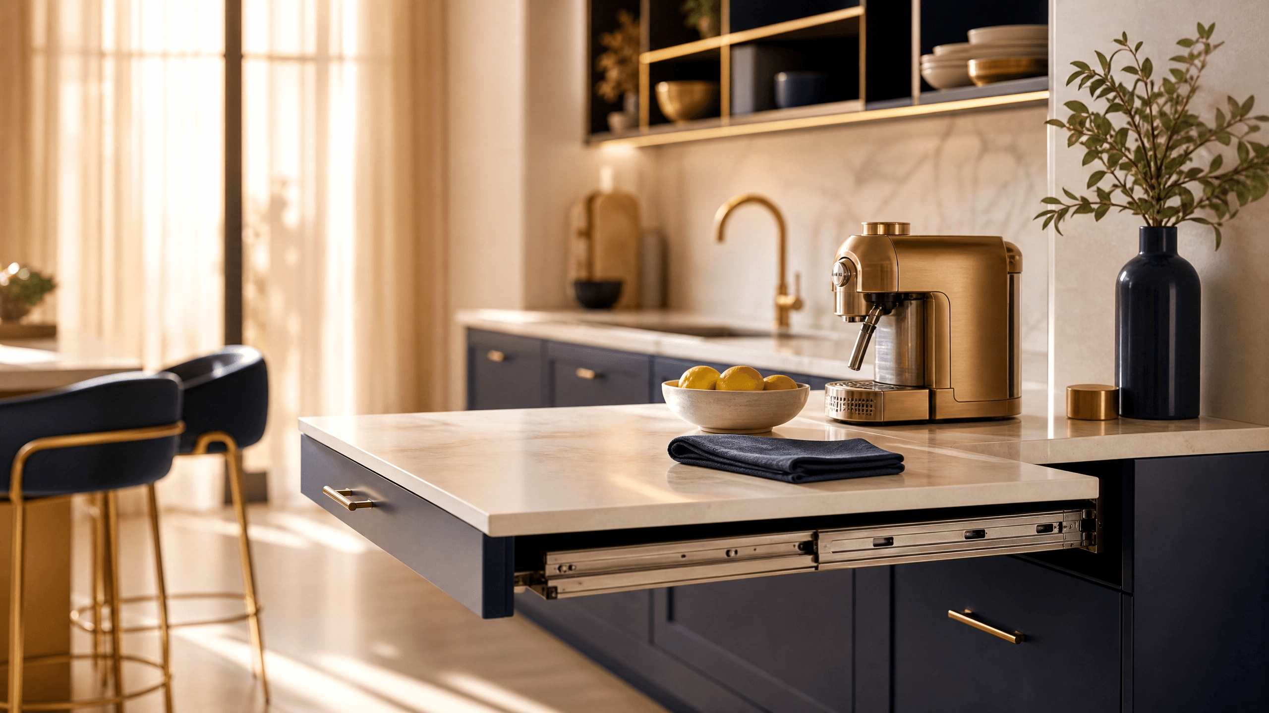 Bancada retrátil estendida em cozinha compacta, ambiente clean em tons navy e champagne